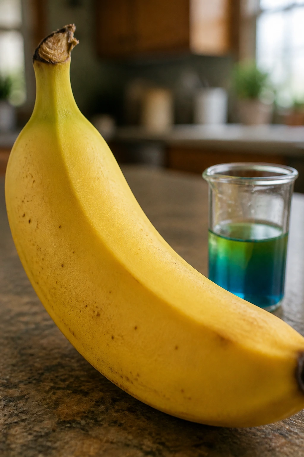 What Is The pH Of A Banana? Acidic Or Alkaline? 1 Close-up of ripe banana with a small beaker beside it on a kitchen counter.