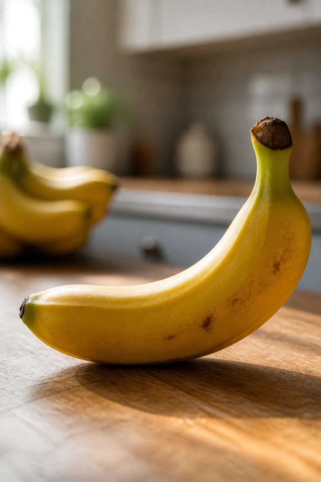 What Is The pH Of A Banana? Acidic Or Alkaline? 2 Close-up of a ripe banana on a wooden kitchen counter with warm light.