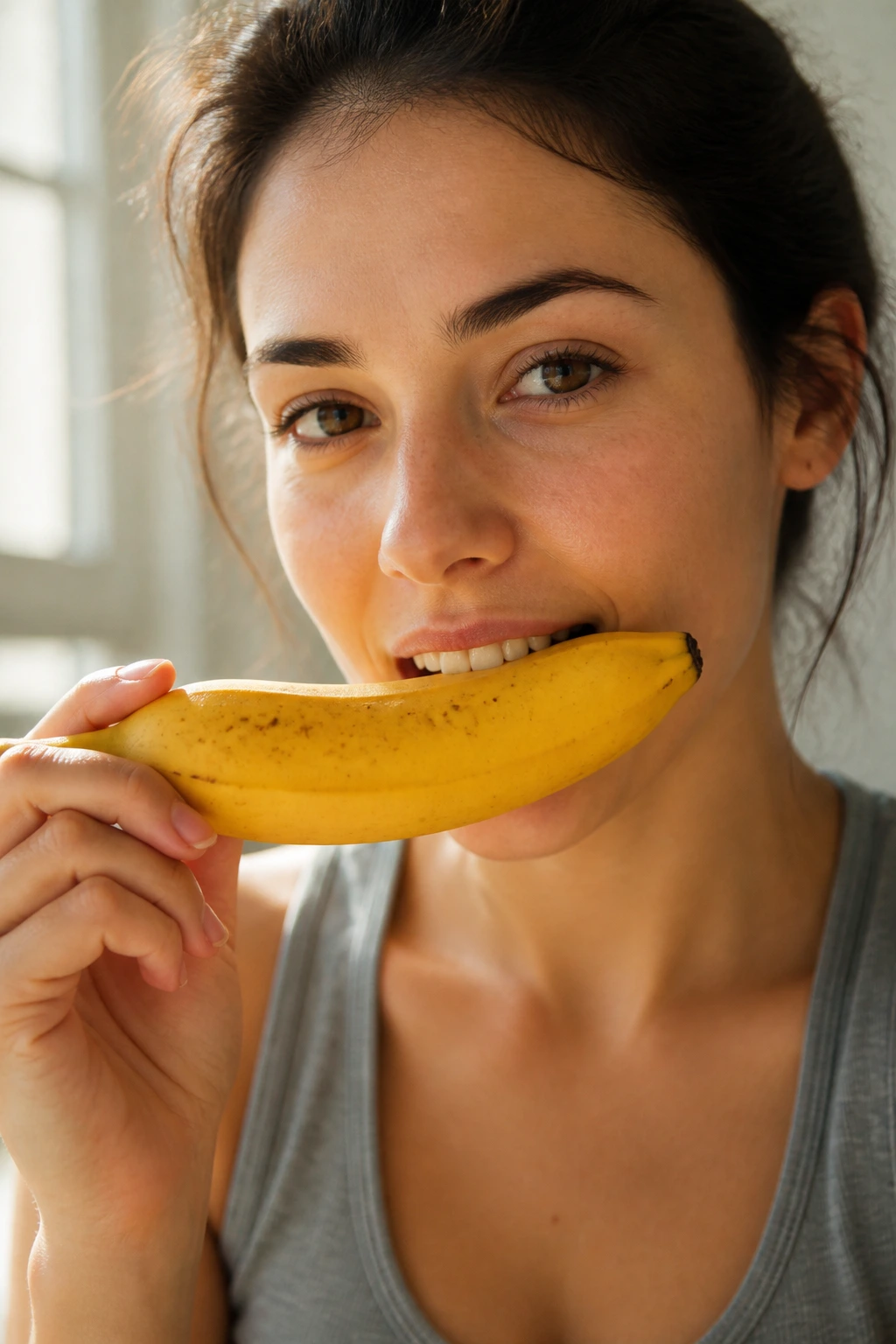 What Is The pH Of A Banana? Acidic Or Alkaline? 6 Real person about to bite a ripe banana, banana dominant in frame.