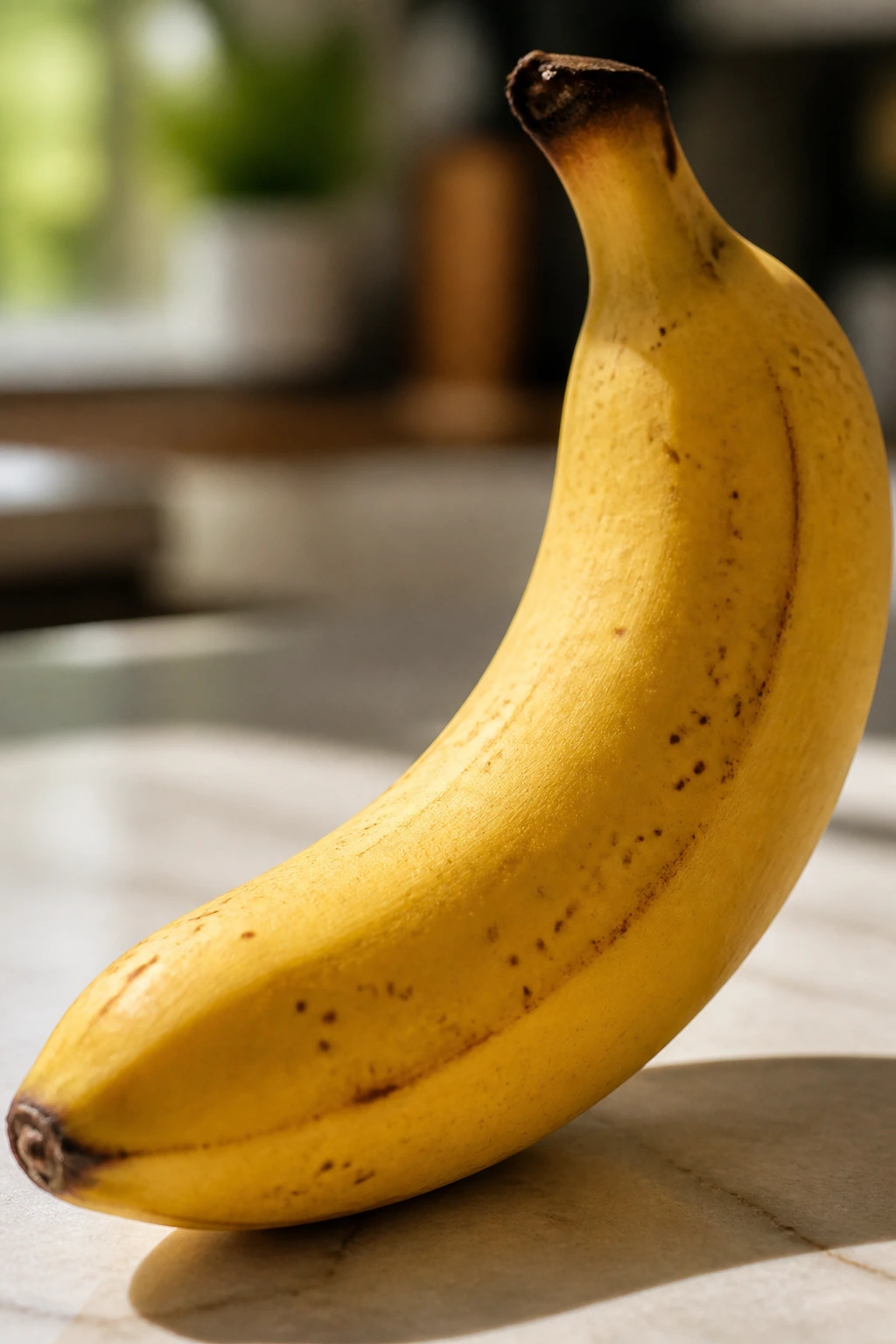 What Is The pH Of A Banana? Acidic Or Alkaline? 8 Close-up of a ripe banana on a kitchen counter illustrating the banana pH summary
