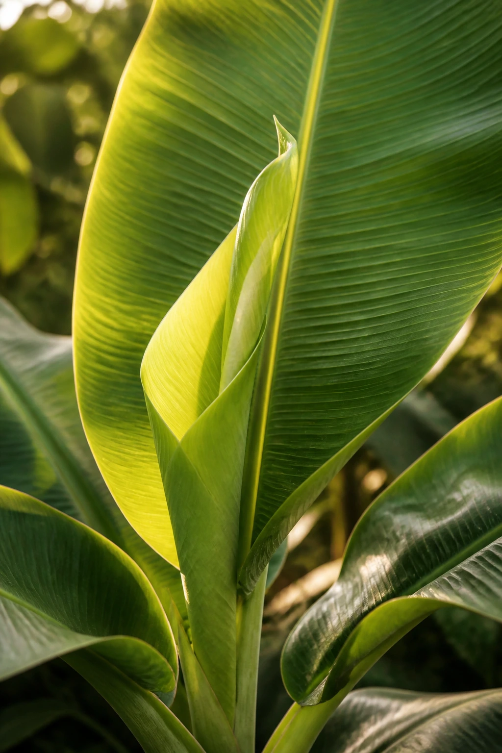 Healthy banana leaf with new growth in a garden