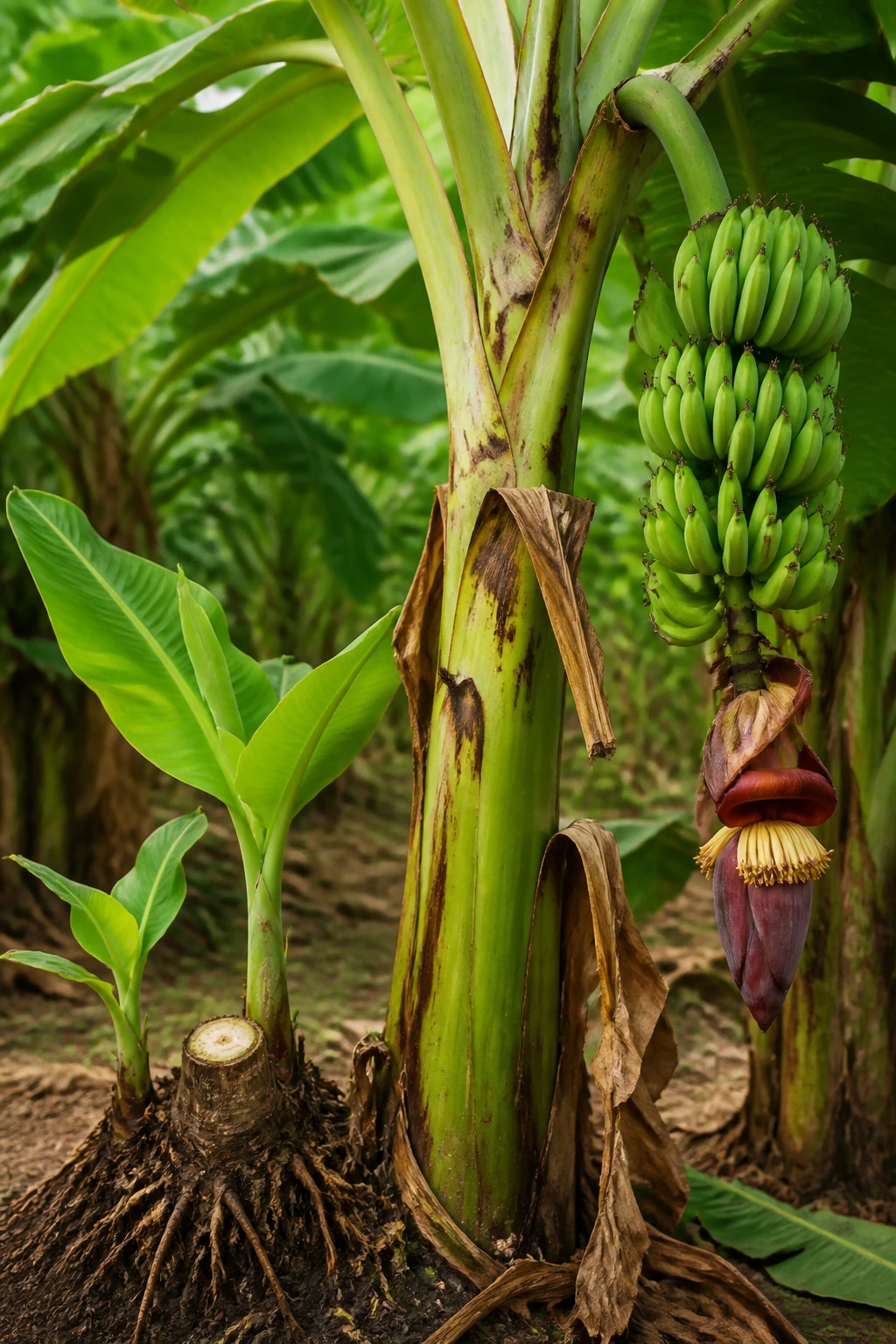 Close-up of a banana plant life cycle stages with pseudostem and bananas in tropical garden
