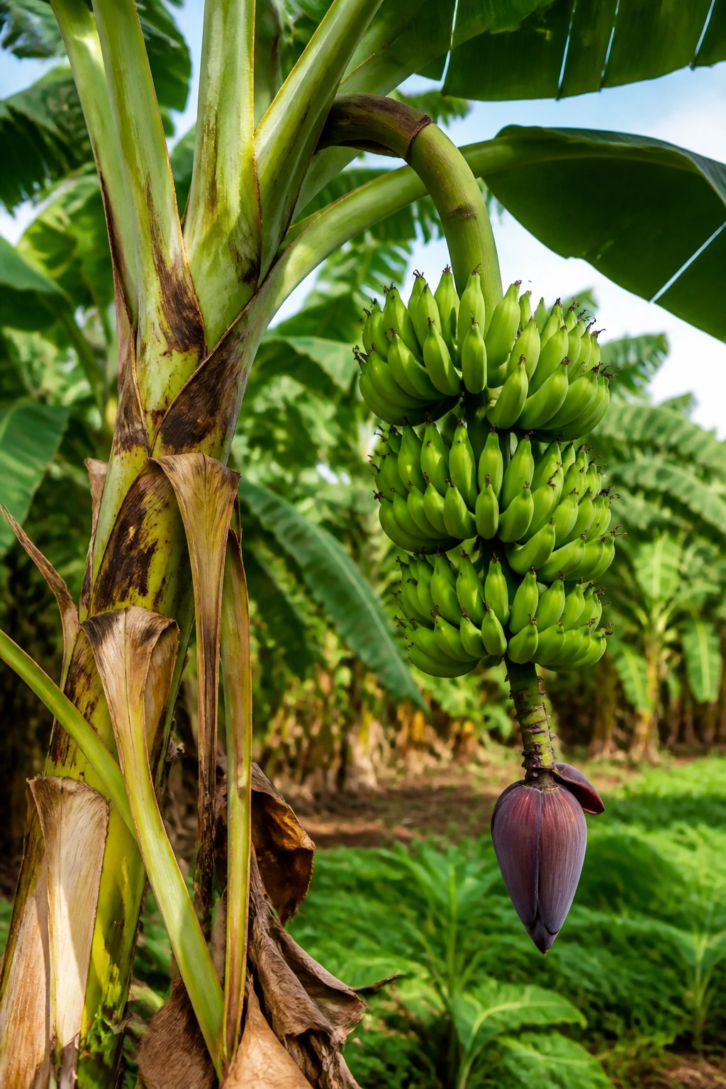 Close-up of a banana plant with thick pseudostem and large leaves in a tropical farm