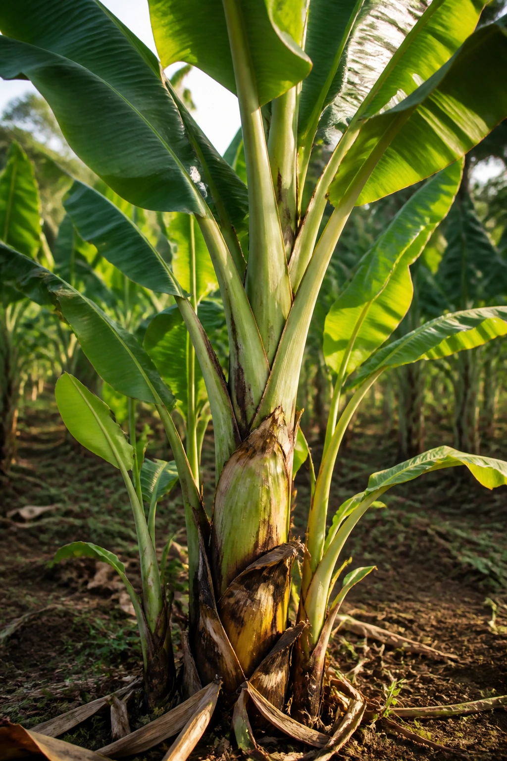 Close-up of a mature banana plant in a plantation showing leaves and pseudostem