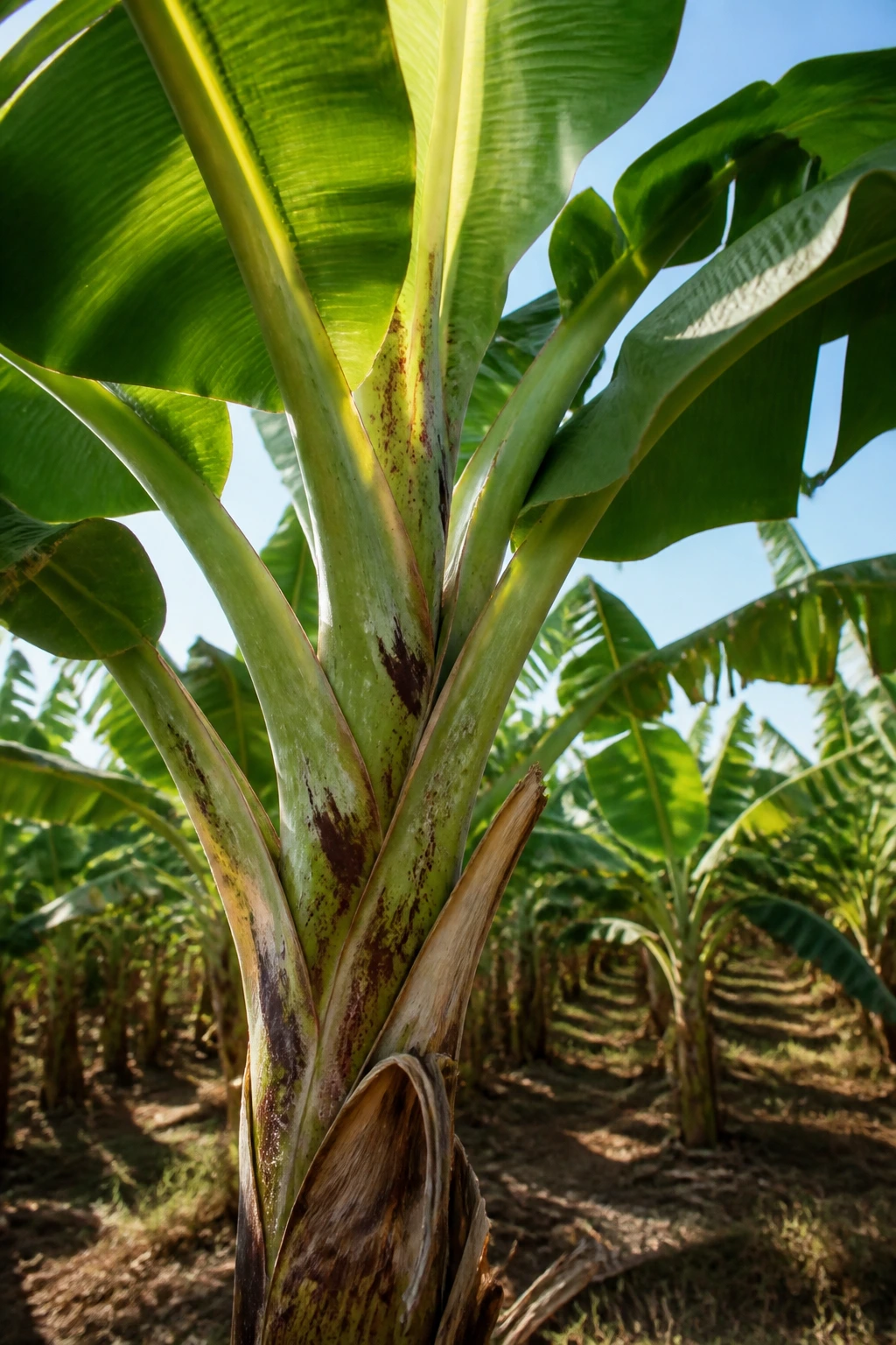 Single banana plant in a spacious plantation with arching leaves