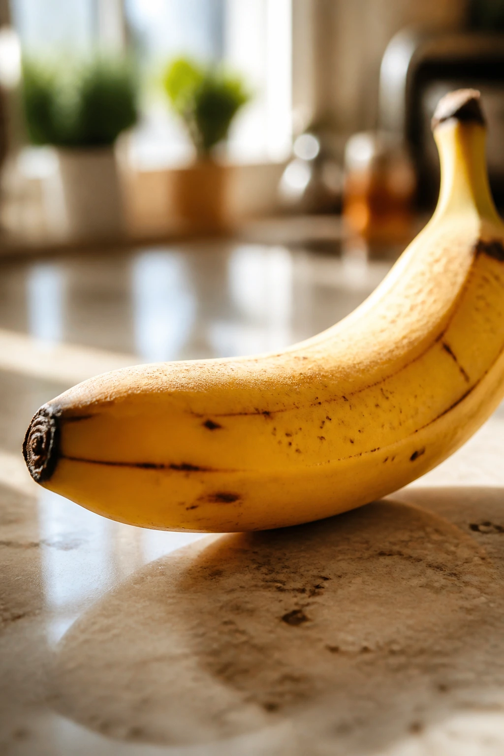 Close-up of a ripe banana dominating the frame on a bright counter