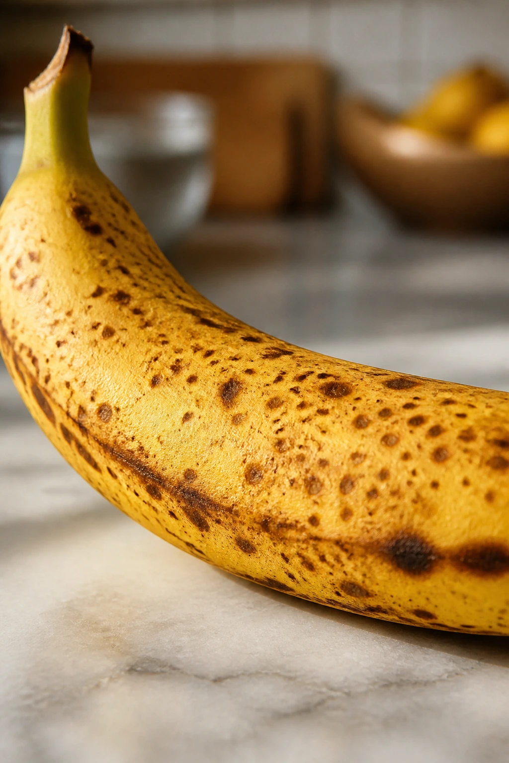 Banana with brown spots on a kitchen surface