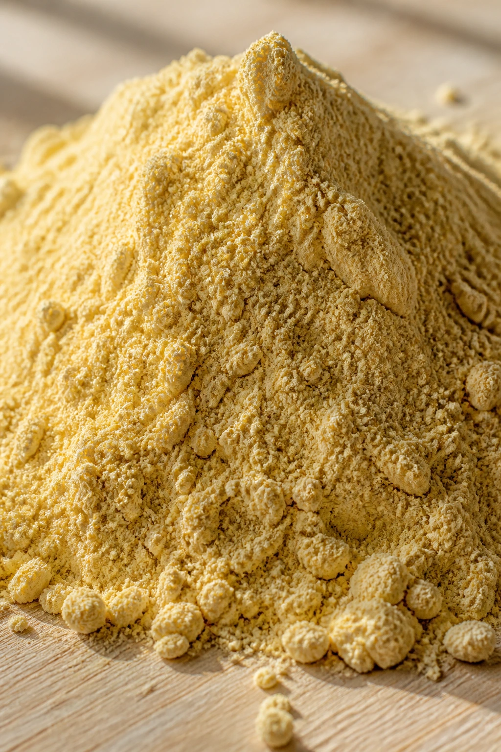 Close-up of fine banana powder mound on wooden surface