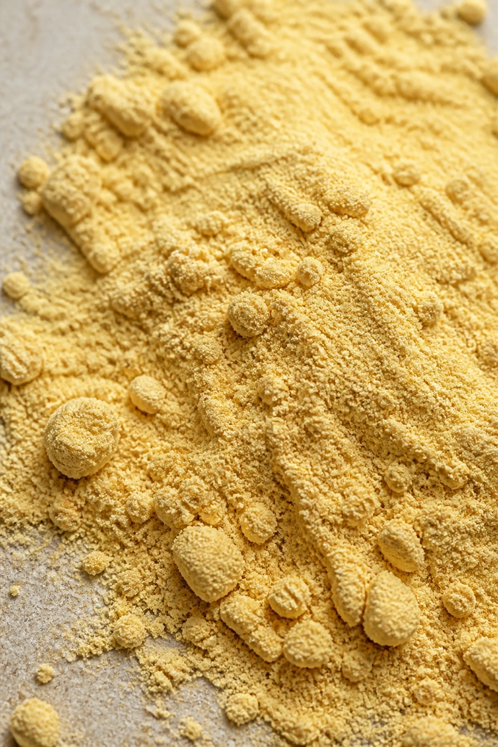 Macro shot of fine banana powder on a neutral surface