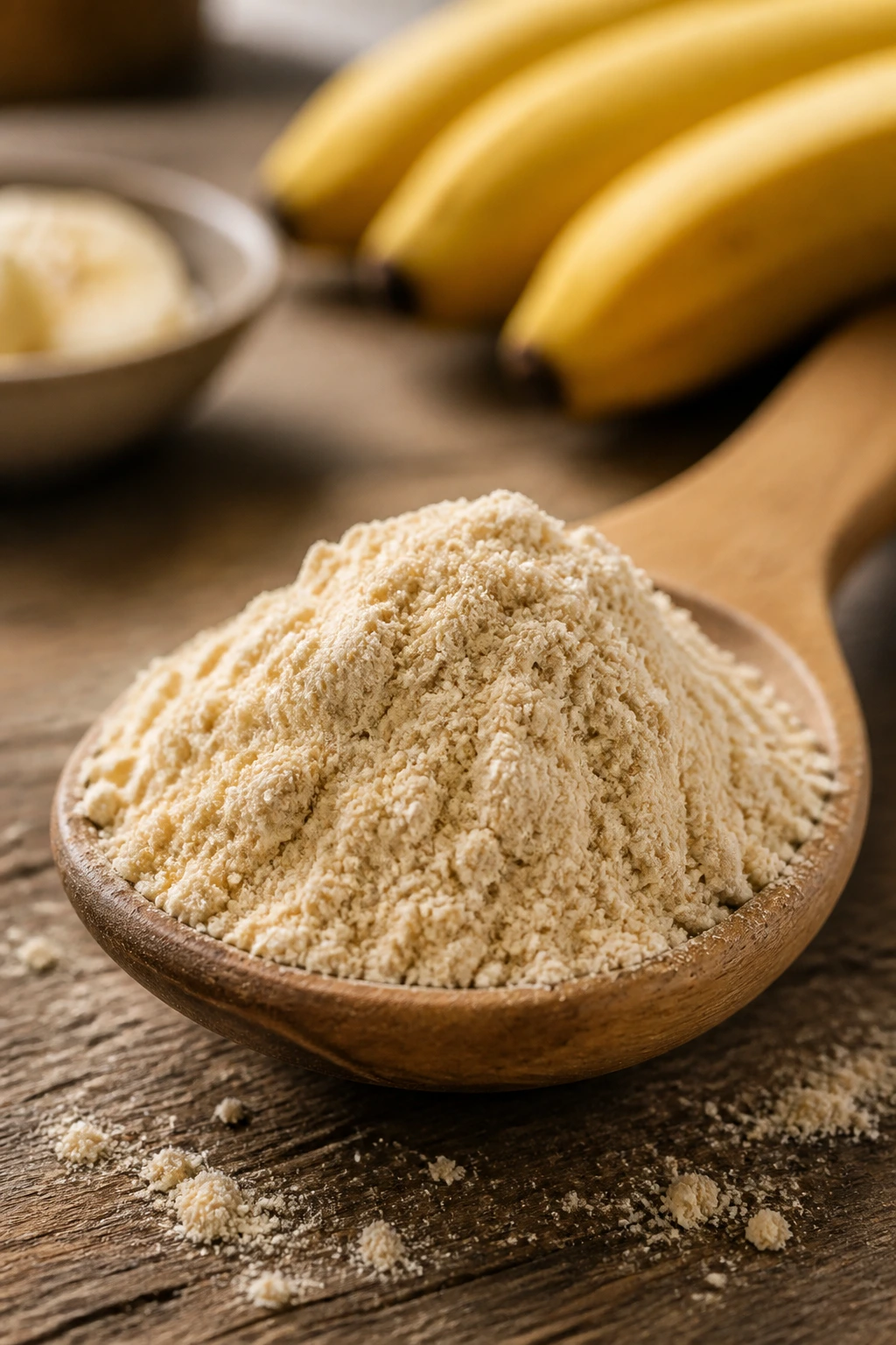 Close-up of banana powder on a wooden spoon in a kitchen setting