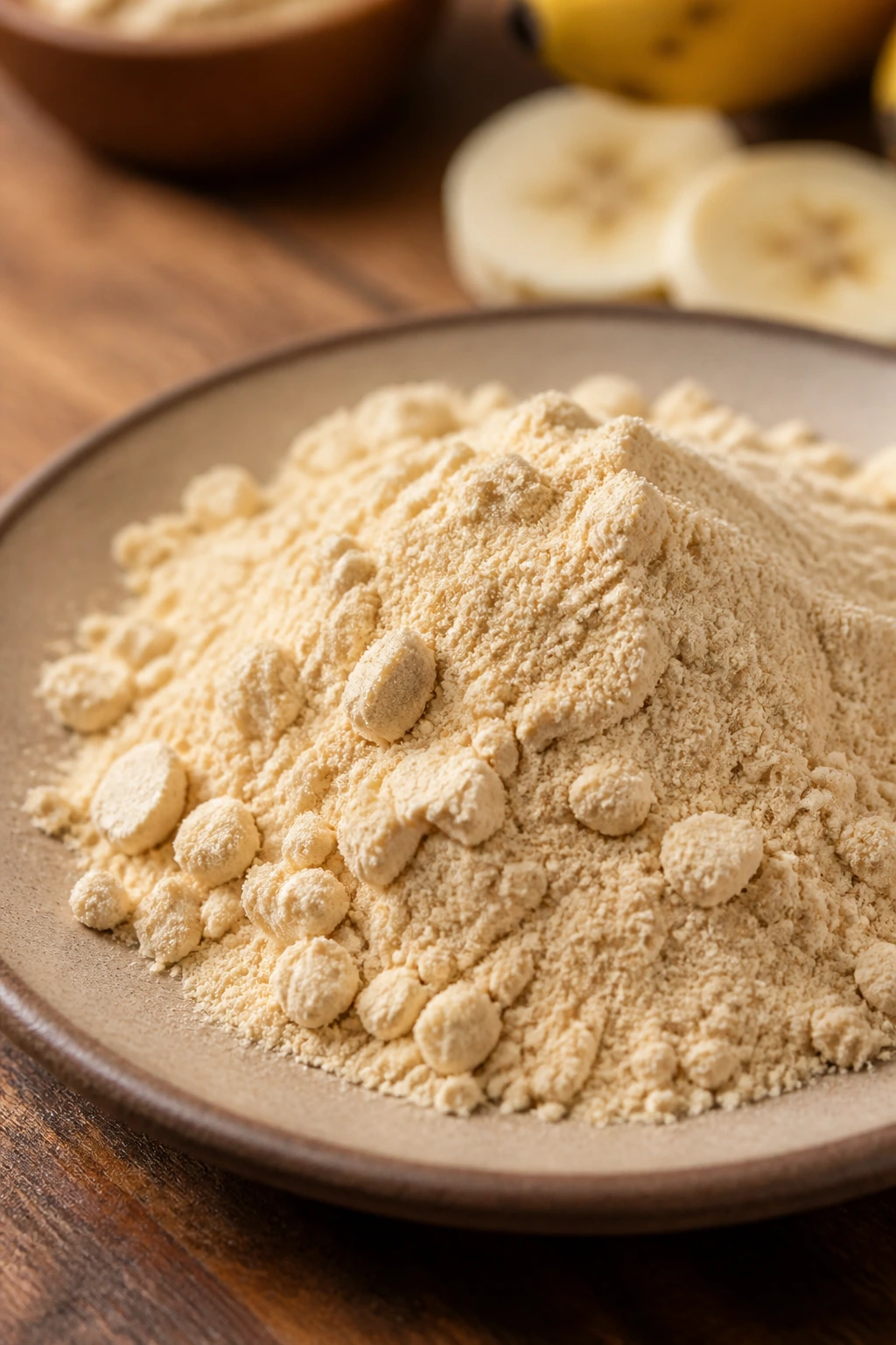 Close-up of banana powder on a ceramic plate in a kitchen-like setting