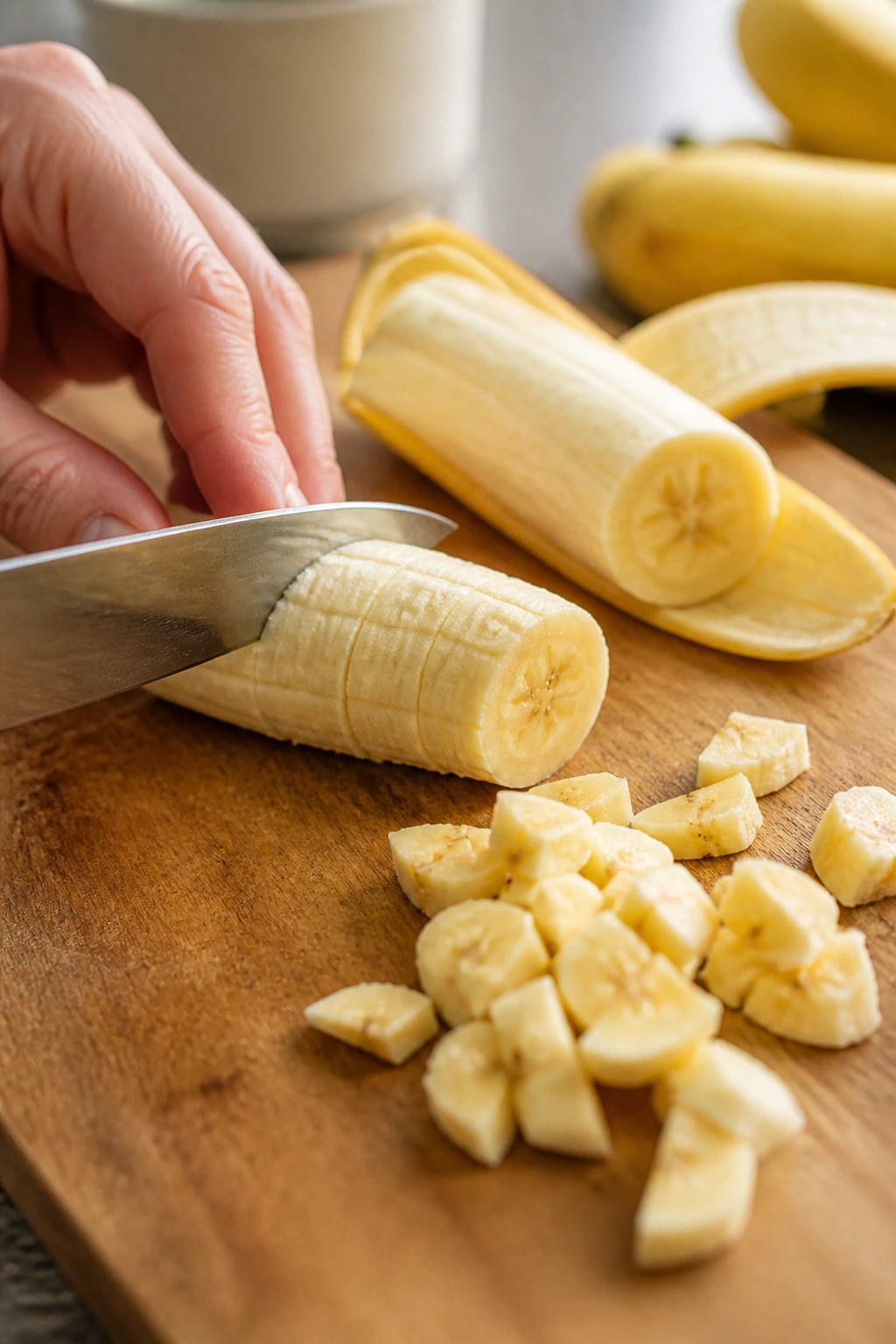 Peeled banana being sliced into tiny pieces on a cutting board.
