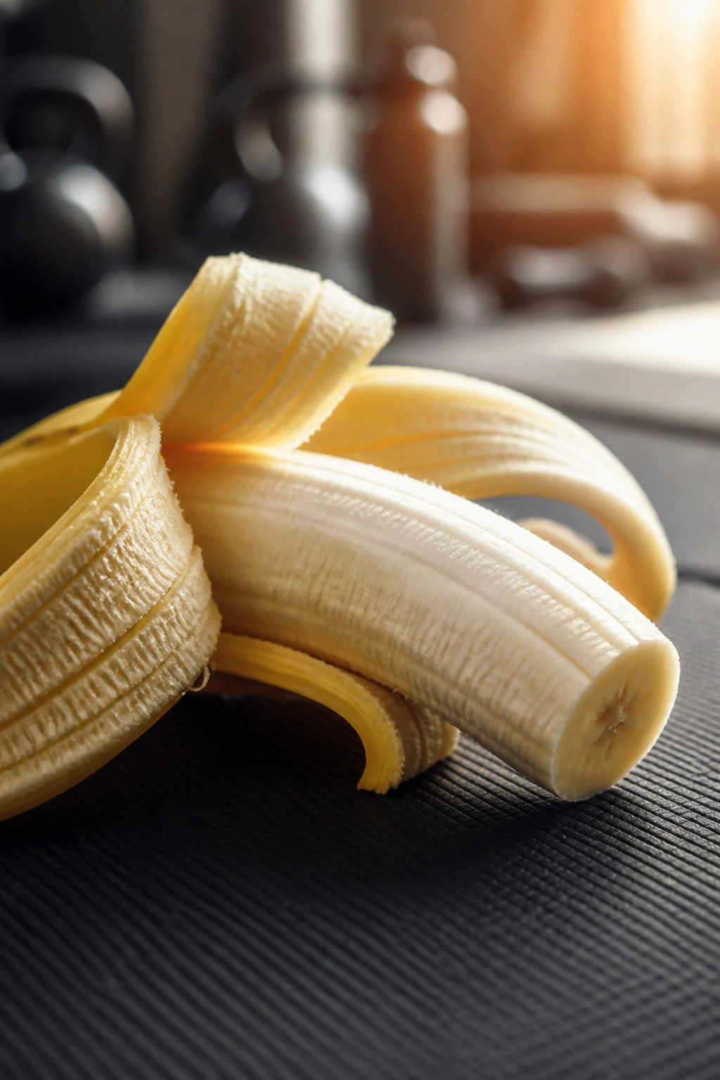 Is It Good To Eat Fruit Before & After A Workout? 2 Close-up of a peeled banana on a gym mat ready for pre-workout snack.