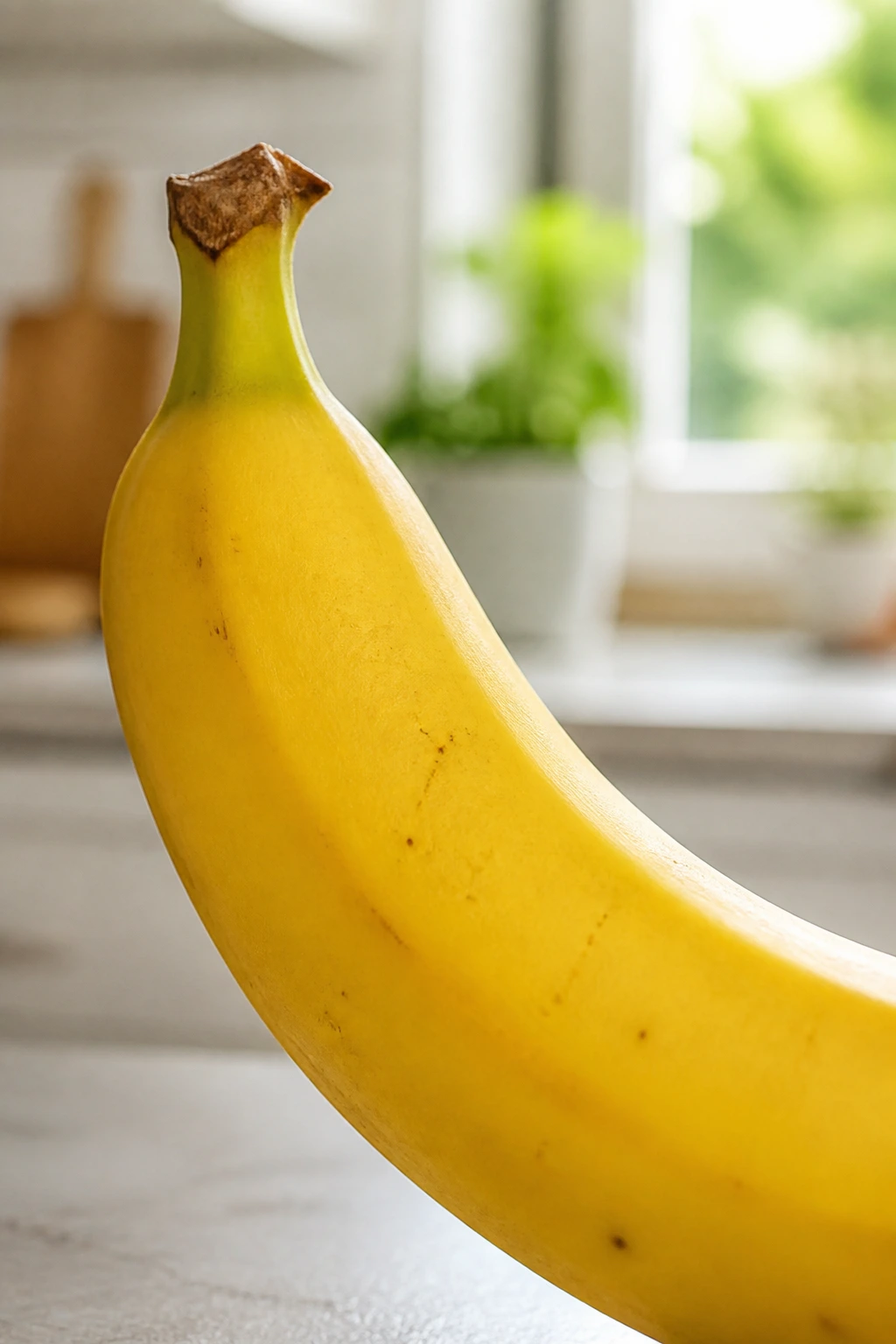 Single banana in bright kitchen setting