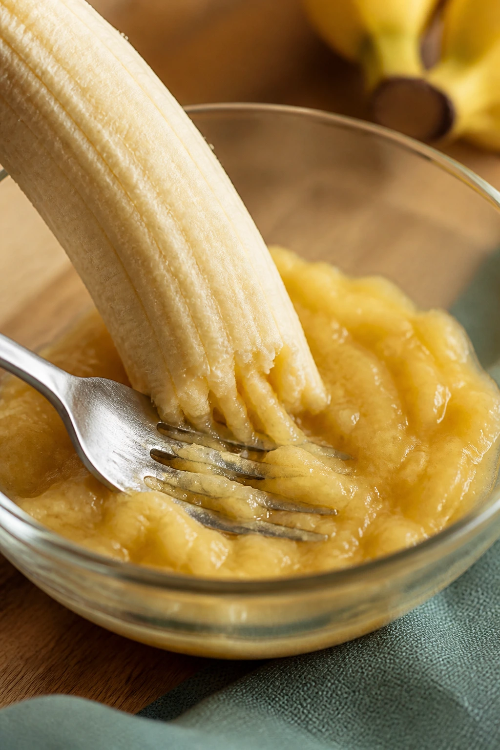 What Is The pH Of A Banana? Acidic Or Alkaline? 4 Peeled banana being mashed into puree in a glass bowl.
