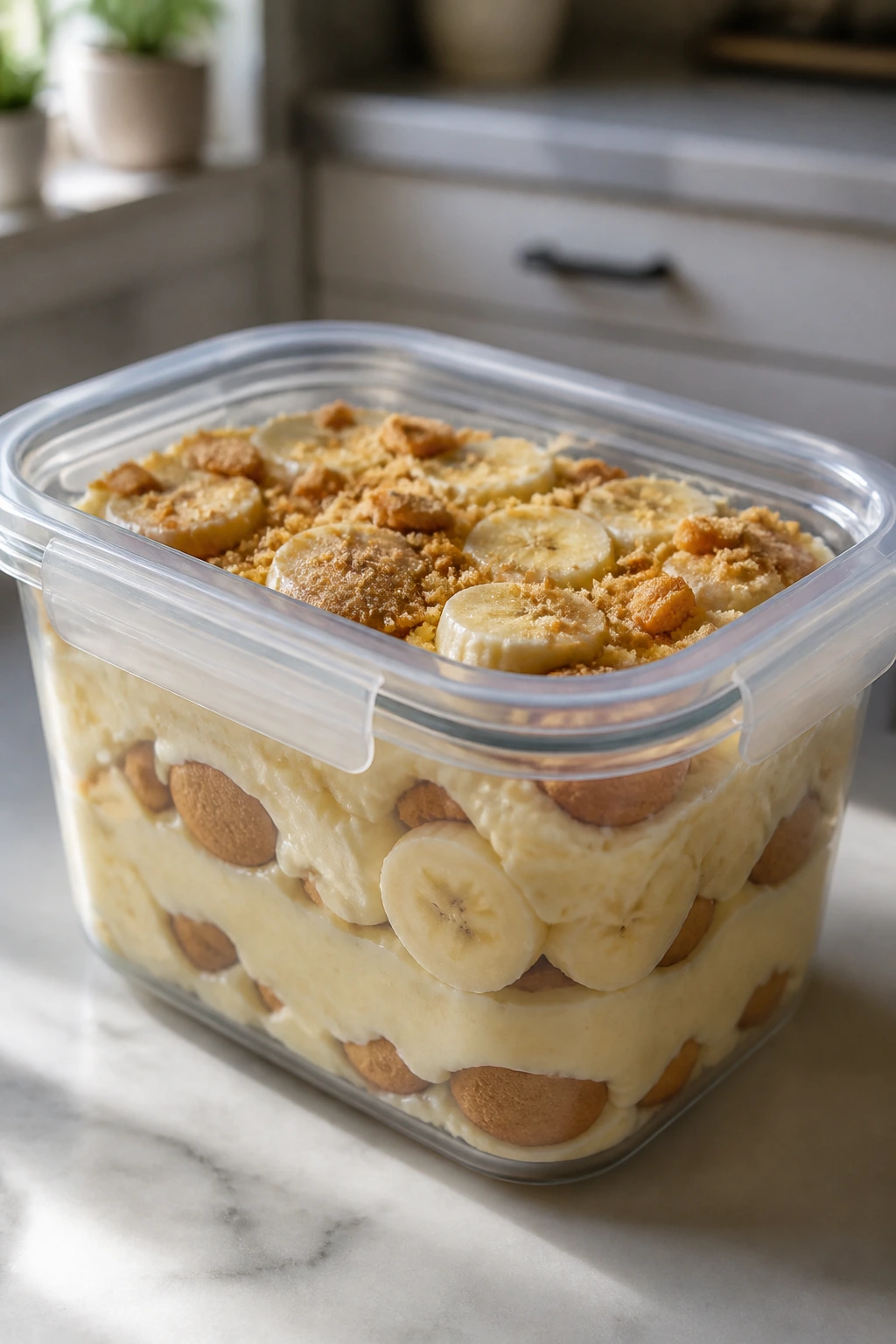 Airtight container of banana pudding on a kitchen counter