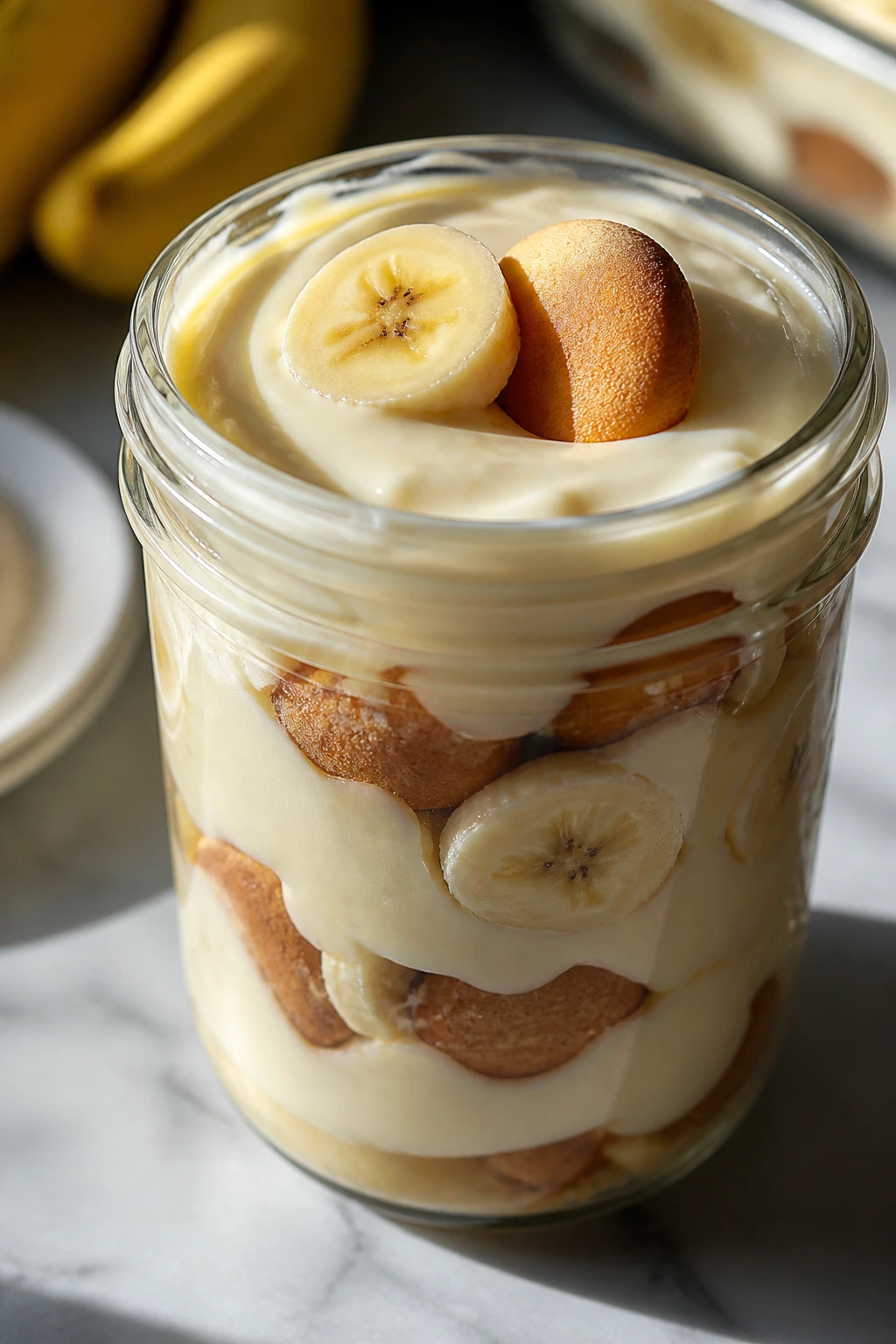 Can You Freeze Banana Pudding? Tips and Tricks For You 9 Banana pudding in a glass jar on a bright kitchen counter.