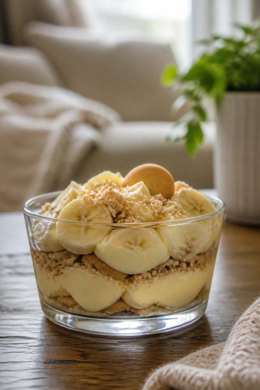 Delicious Temptation: Is Banana Pudding Healthy for Weight Loss? 6 Small bowl of banana pudding on a coffee table in a cozy living room.