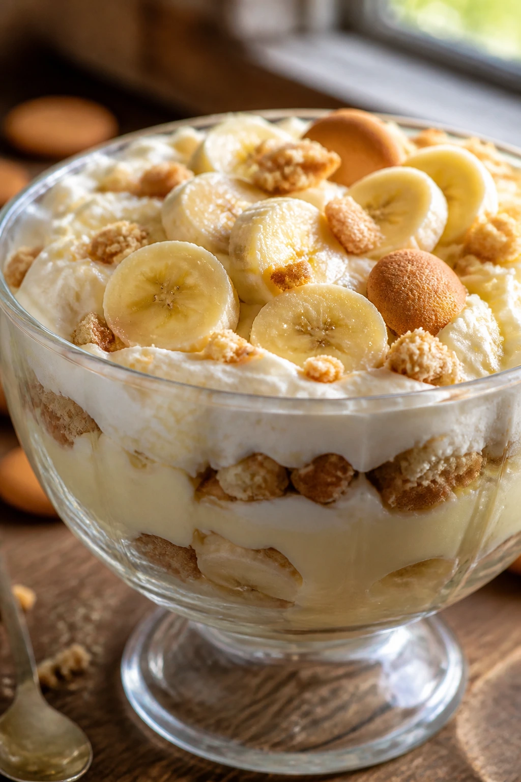 Can You Freeze Banana Pudding? Tips and Tricks For You 4 Close-up of banana pudding in a glass bowl on a rustic kitchen counter, showing creamy layers.