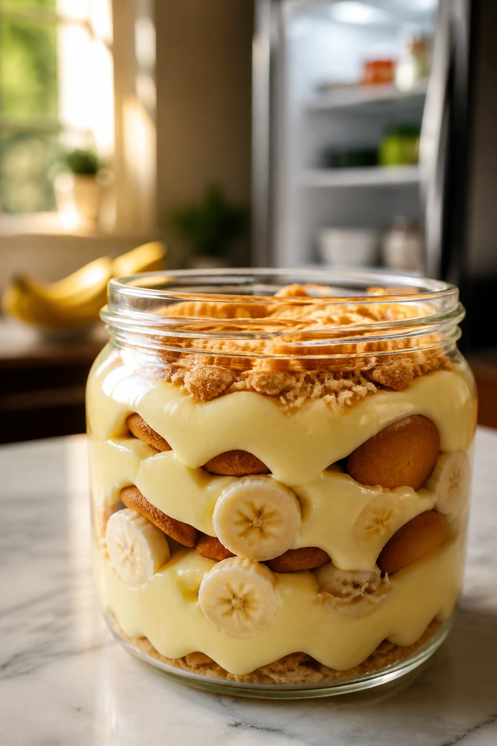 Close-up of banana pudding in a glass jar on a kitchen counter with fridge blurred in the background