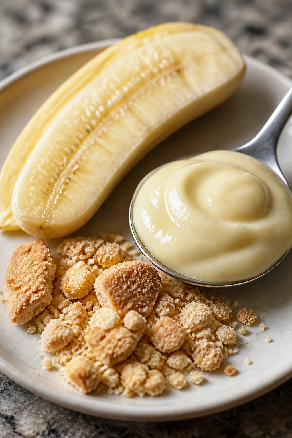 Delicious Temptation: Is Banana Pudding Healthy for Weight Loss? 3 Banana slices, vanilla pudding, and crumbled cookies on a plate in a kitchen close-up.