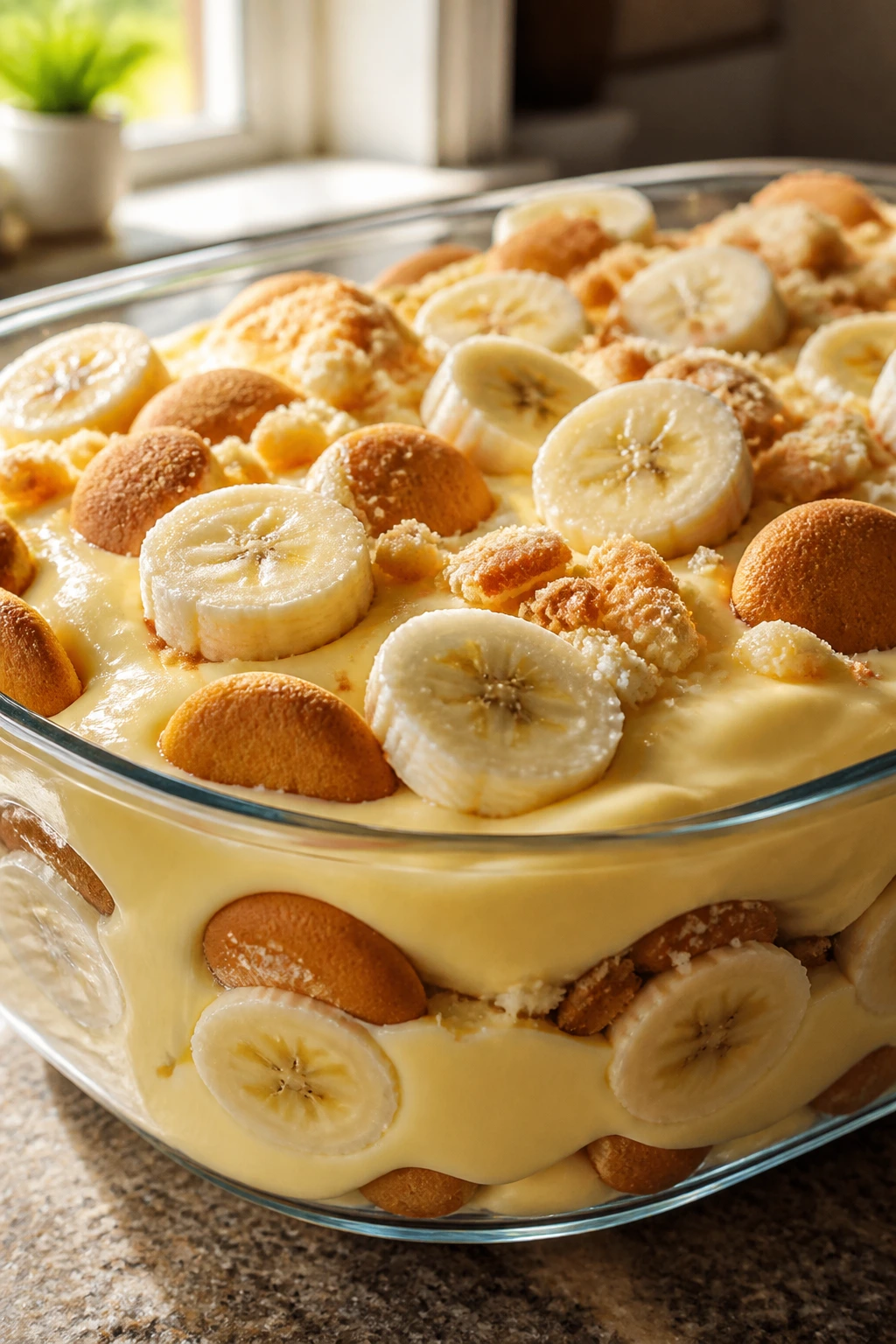 Delicious Temptation: Is Banana Pudding Healthy for Weight Loss? 1 Close-up of layered banana pudding in a glass dish with banana slices and cookies on a kitchen counter.