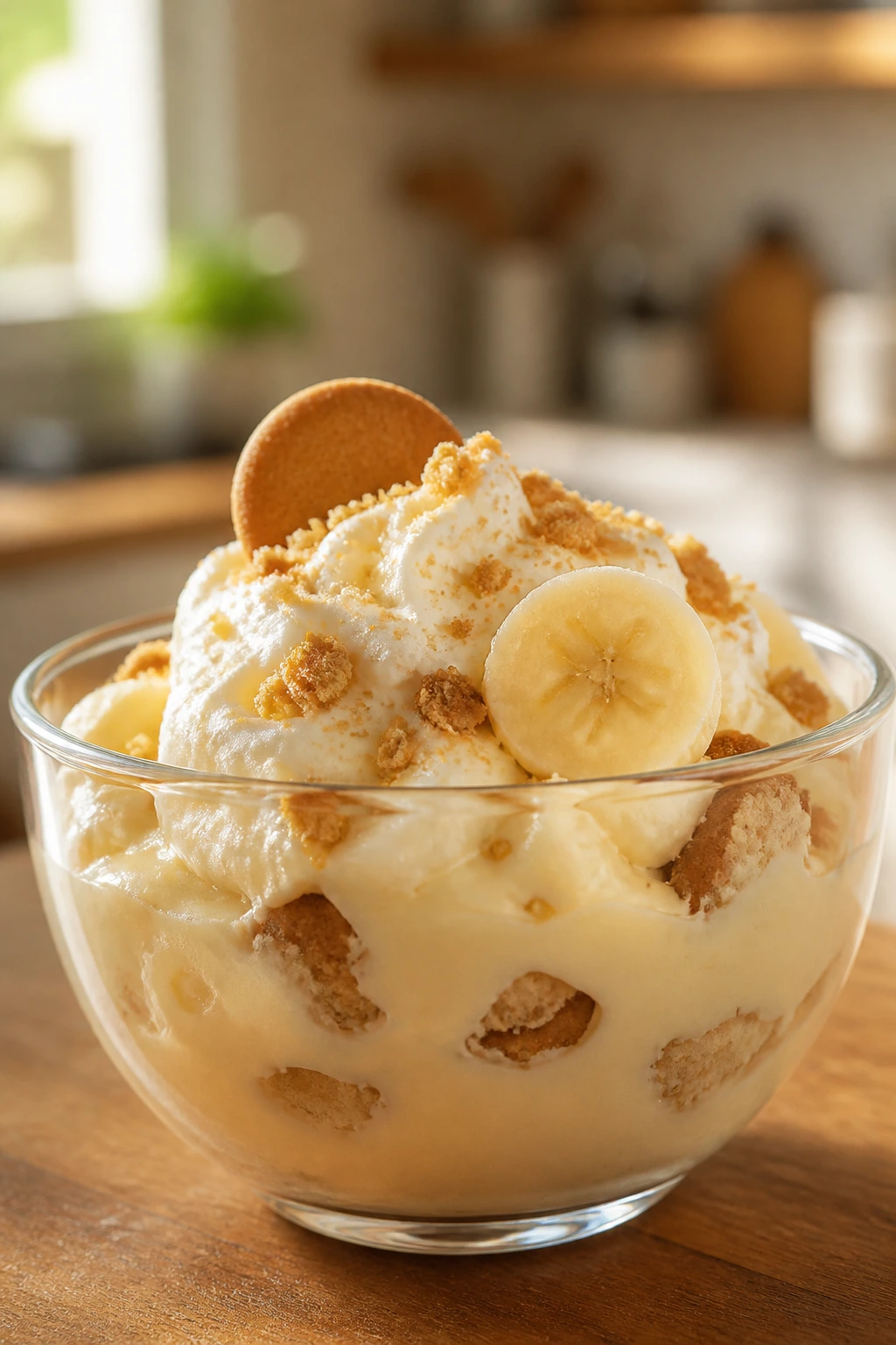 Delicious Temptation: Is Banana Pudding Healthy for Weight Loss? 4 Small bowl of banana pudding on a wooden table with soft natural light.