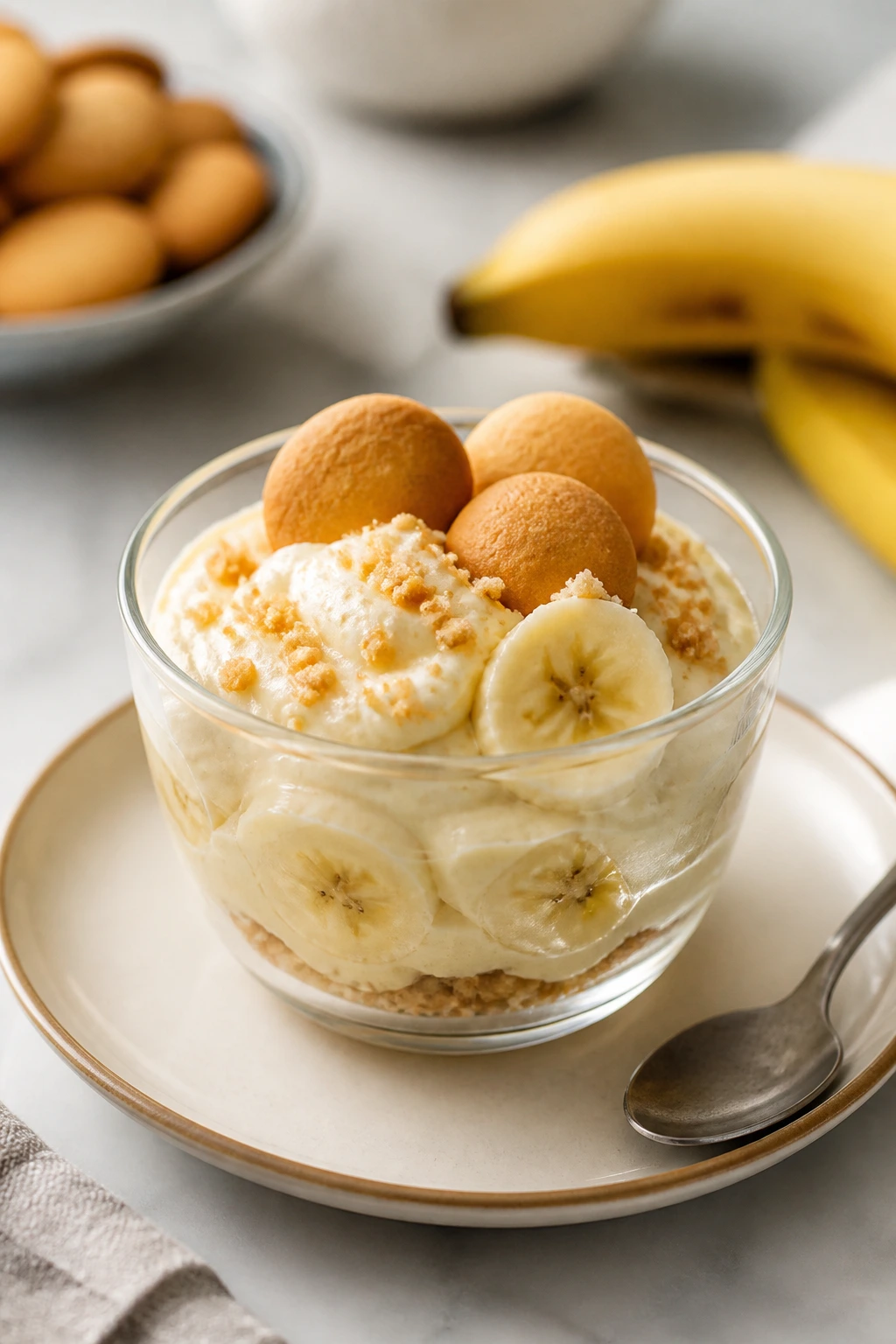 Delicious Temptation: Is Banana Pudding Healthy for Weight Loss? 2 Small bowl of banana pudding on a plate in a bright kitchen, illustrating portion control.