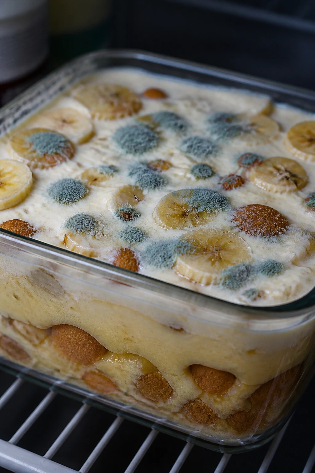 Banana pudding with mold on top in a container