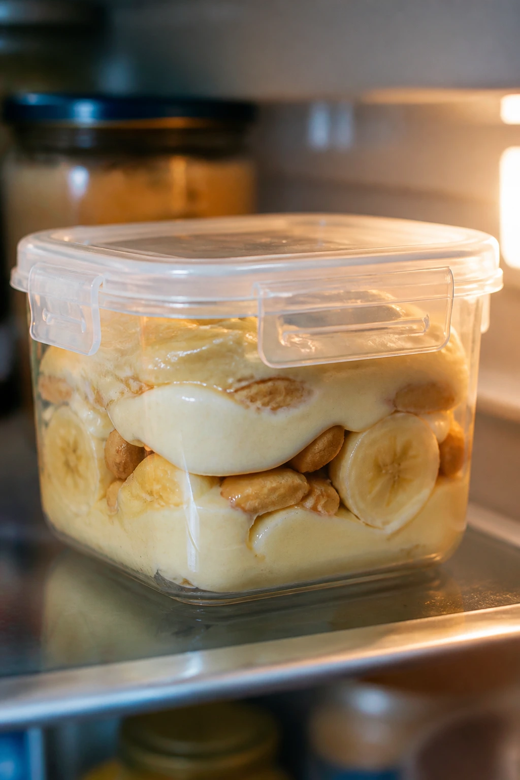 Banana pudding in an airtight container on a backlit fridge shelf