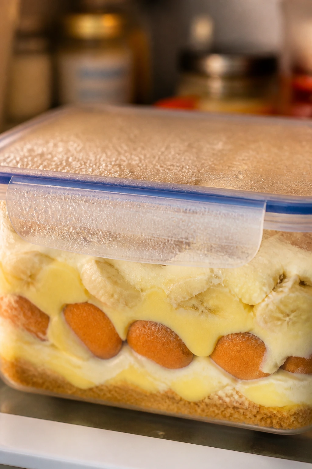 Can You Freeze Banana Pudding? Tips and Tricks For You 5 Banana pudding thawing in a freezer container on a kitchen counter.