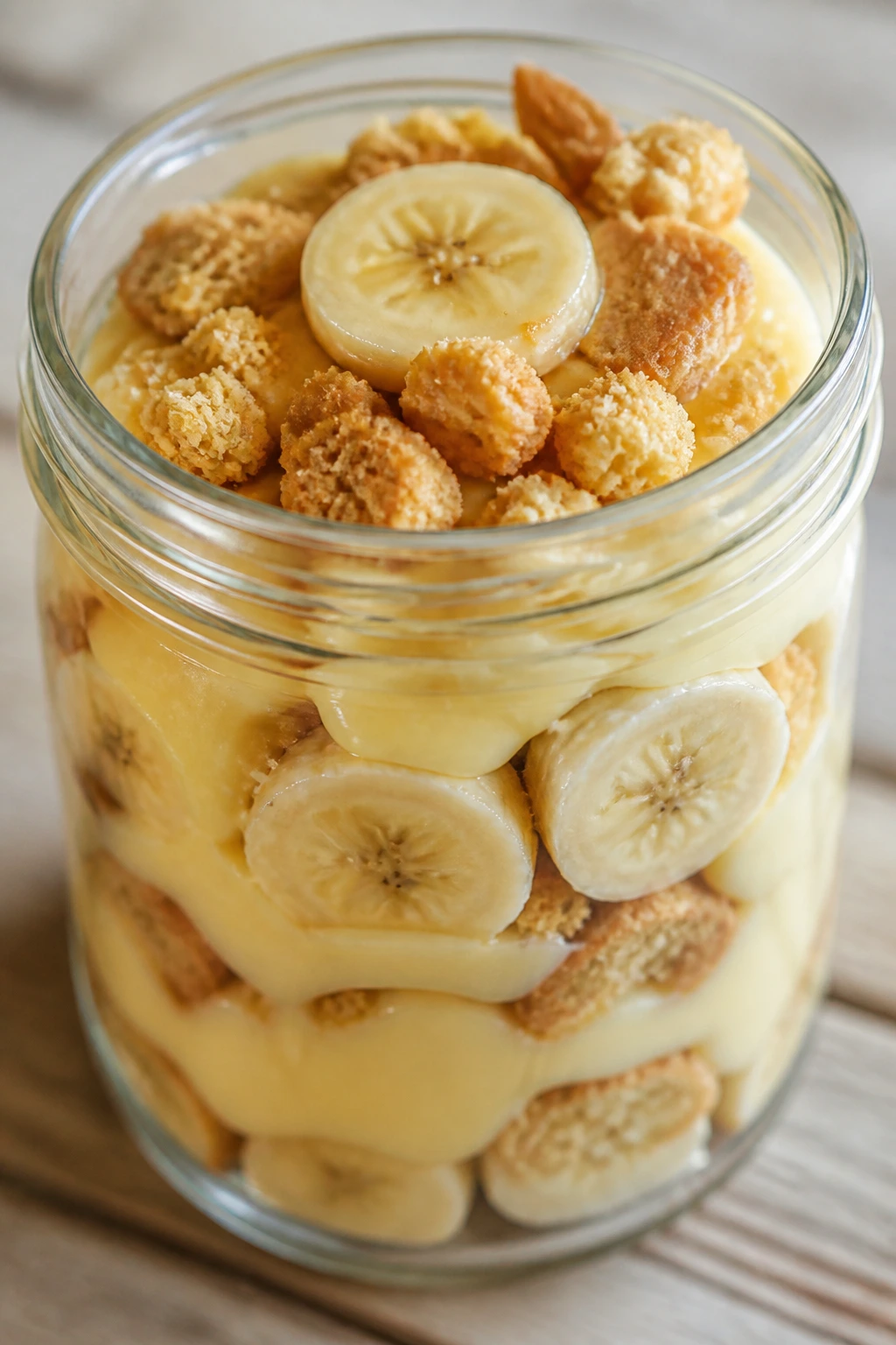 Can You Freeze Banana Pudding? Tips and Tricks For You 6 Banana pudding in a jar on a wooden surface with soft lighting.