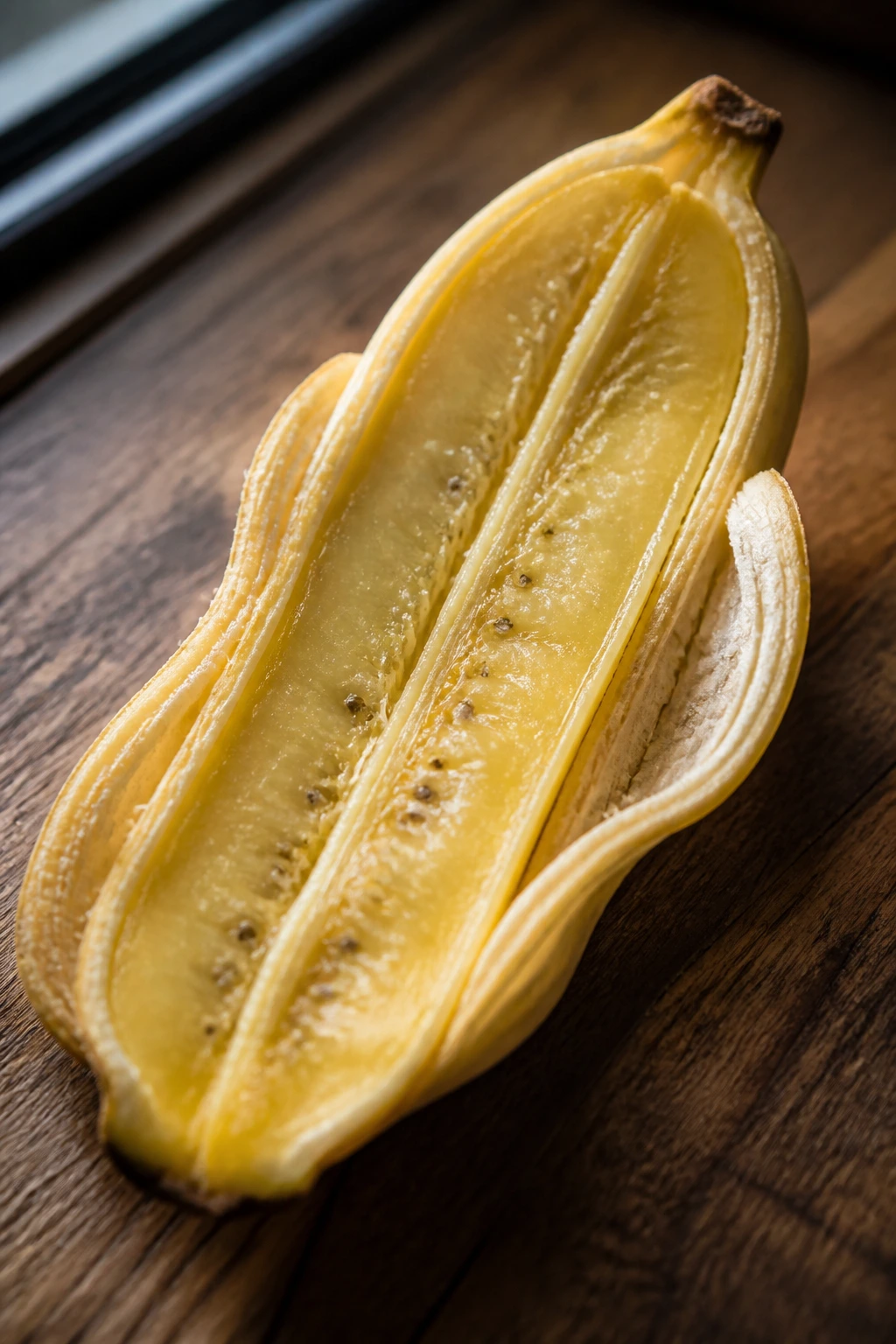 The Anatomy of Banana Seeds: What Do Banana Seeds Look Like? 2 Close-up of banana pulp inside a peeled banana showing internal segments