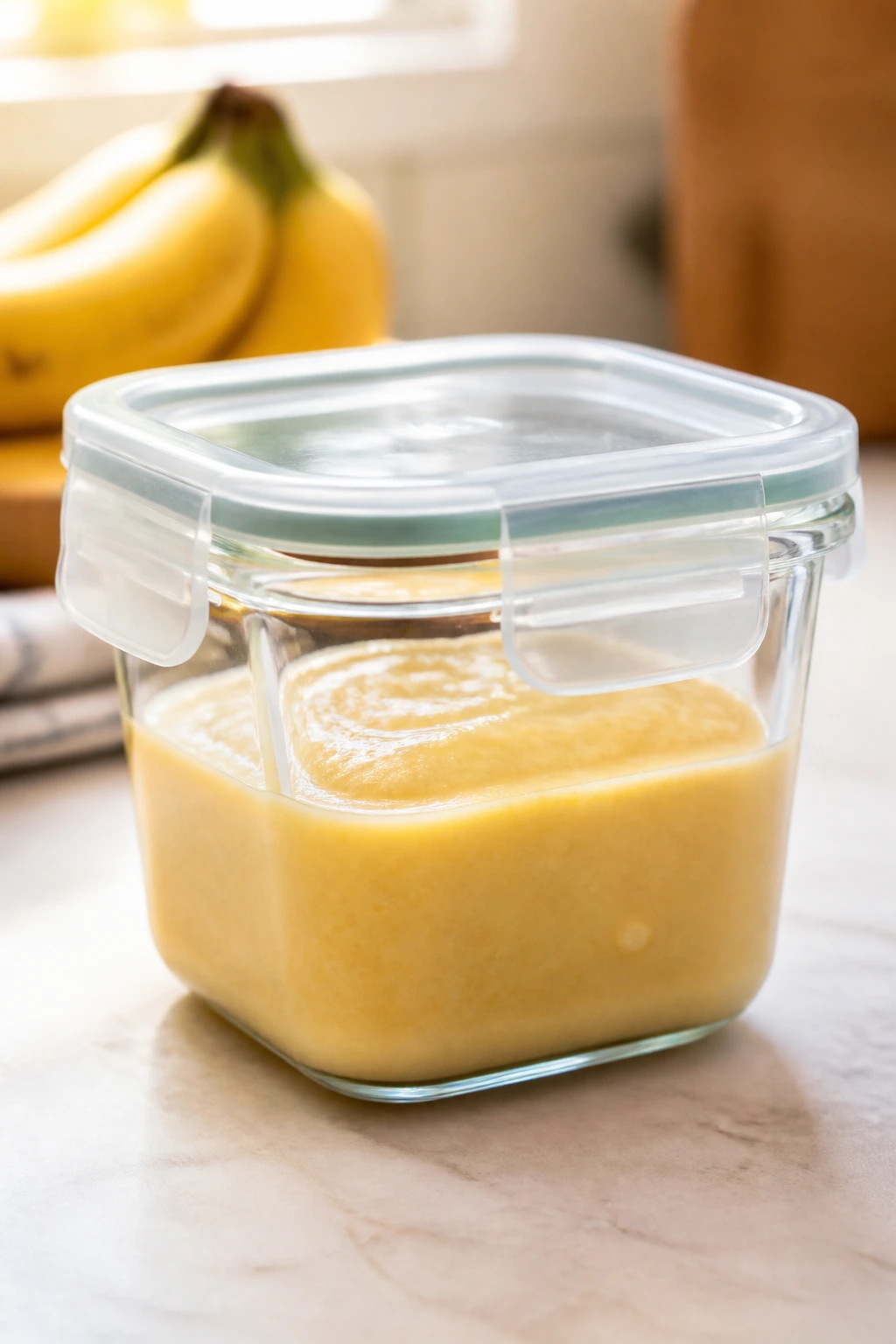 How Long Is Banana Puree Good In Fridge? & Storage Tips 2 Airtight banana puree container on a kitchen counter