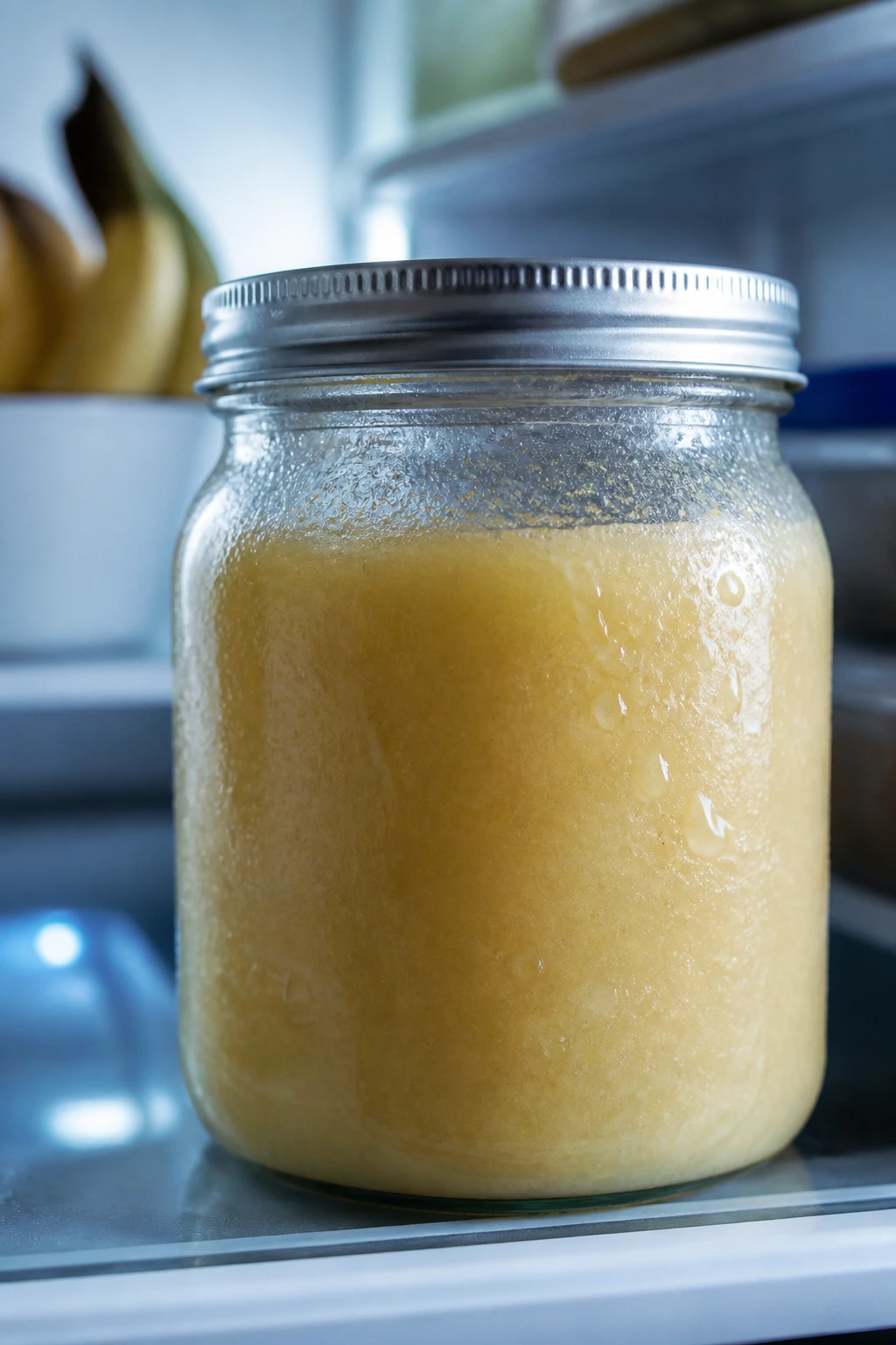 How Long Is Banana Puree Good In Fridge? & Storage Tips 1 Close-up of banana puree in a glass jar inside a refrigerator