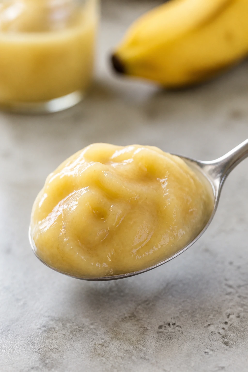 How Long Is Banana Puree Good In Fridge? & Storage Tips 4 Spoonful of banana puree on kitchen counter