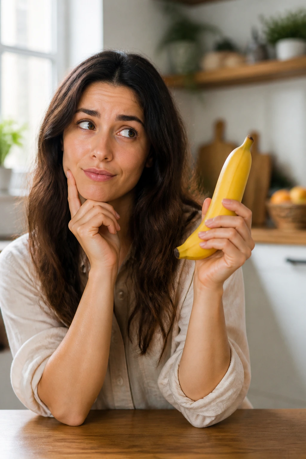 Portrait of a person in a kitchen holding a banana, looking thoughtful