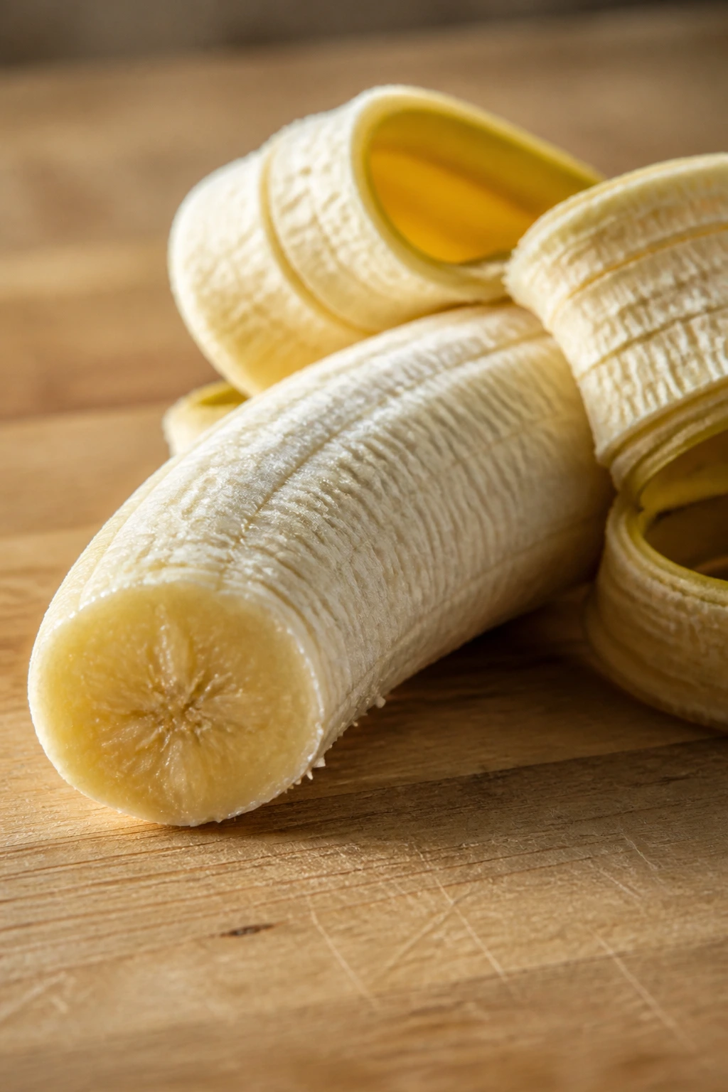 Building Stronger Bones: Are Bananas Good For Your Bones? 4 Peeled banana on wooden board in warm light