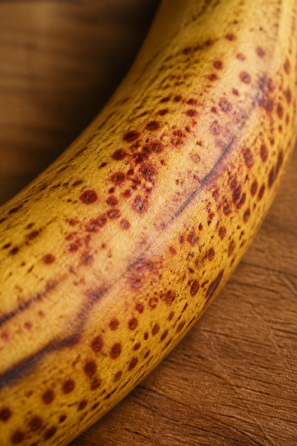 Is It Safe To Eat Bananas With Red Spots? Here are the Facts. 1 Close-up of a banana peel with vivid red spots signifying ripening on a wooden counter