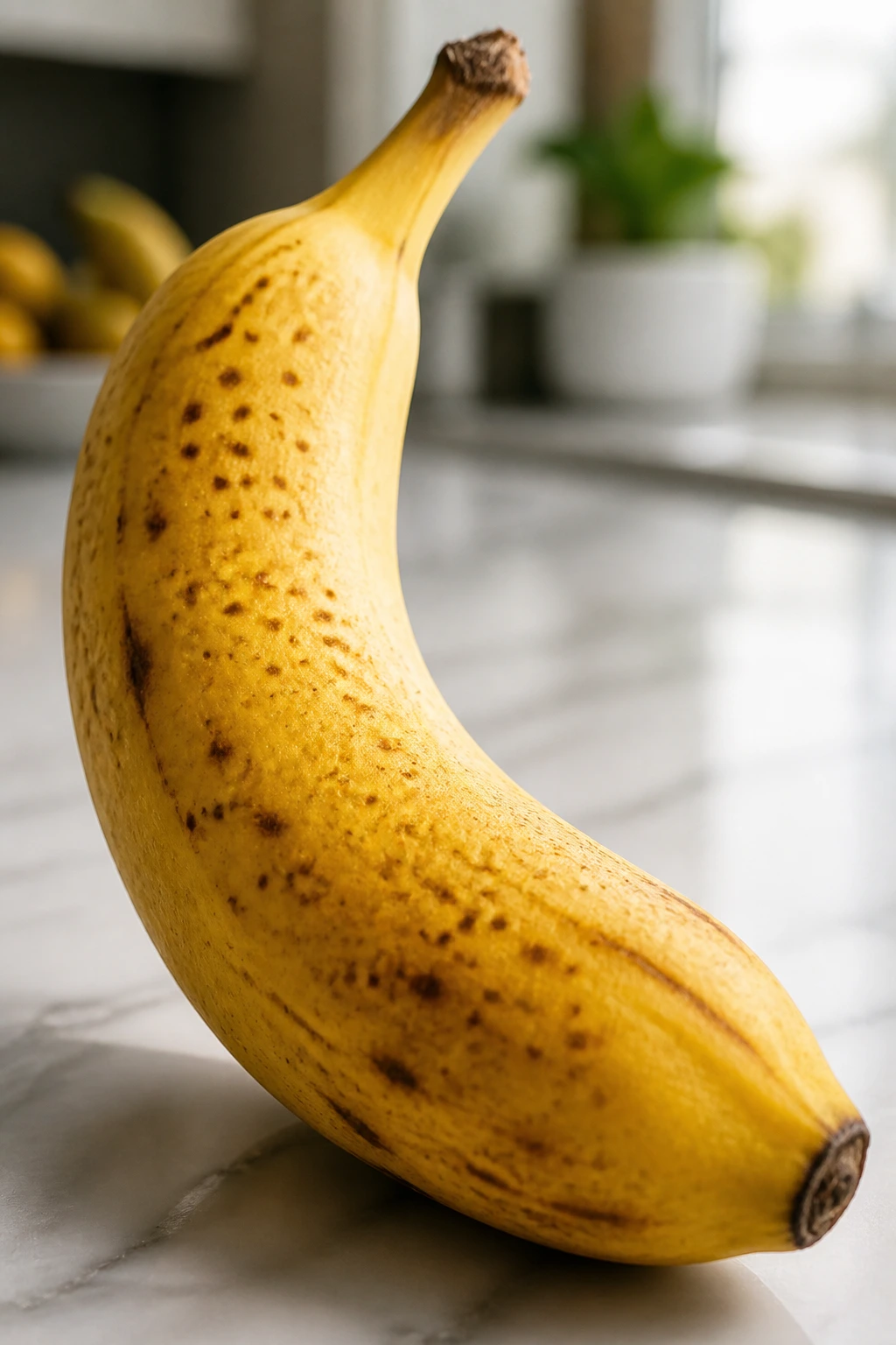 Close-up of ripe yellow banana on bright counter