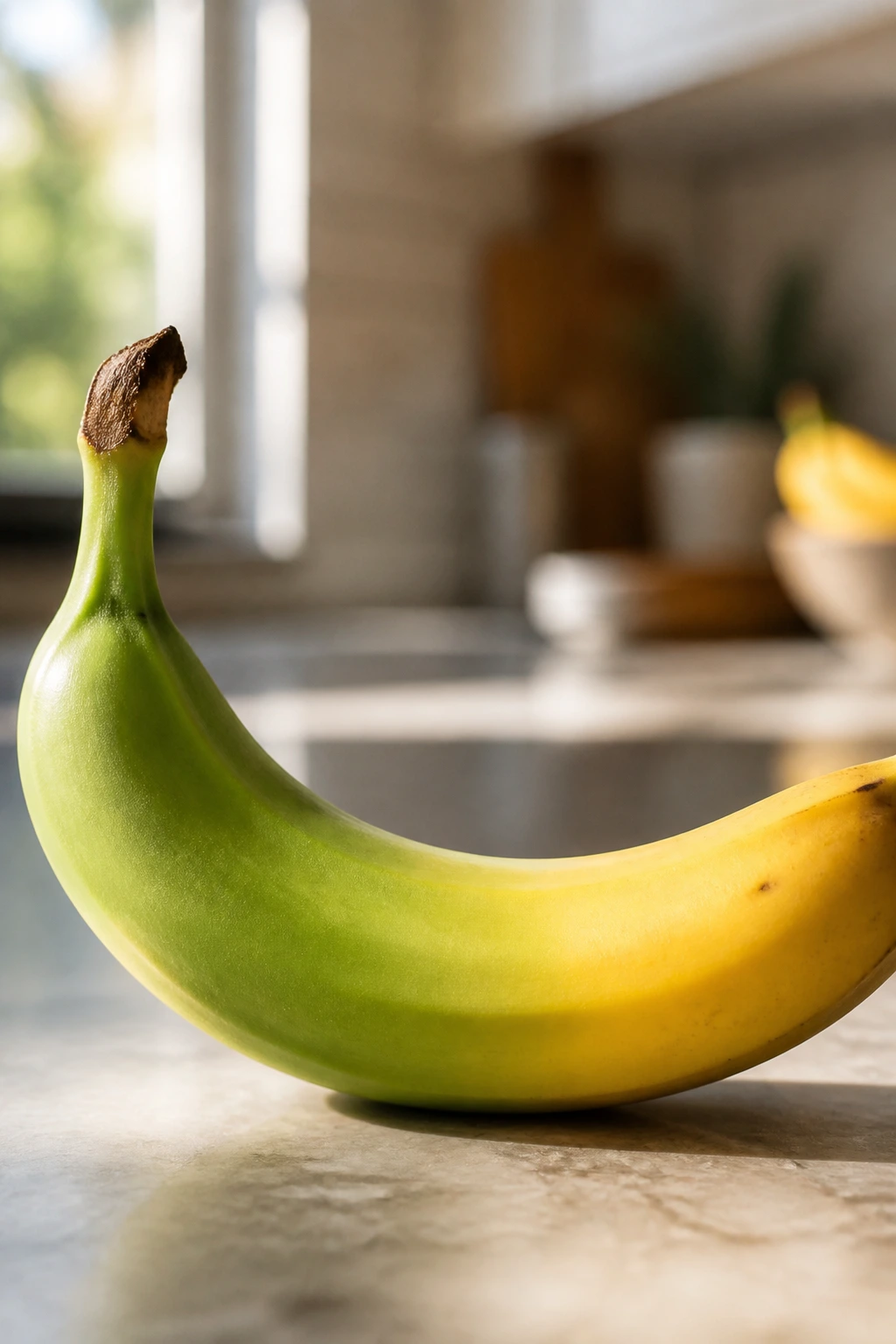 What Is The pH Of A Banana? Acidic Or Alkaline? 3 Banana with green to yellow gradient filling frame in a kitchen.