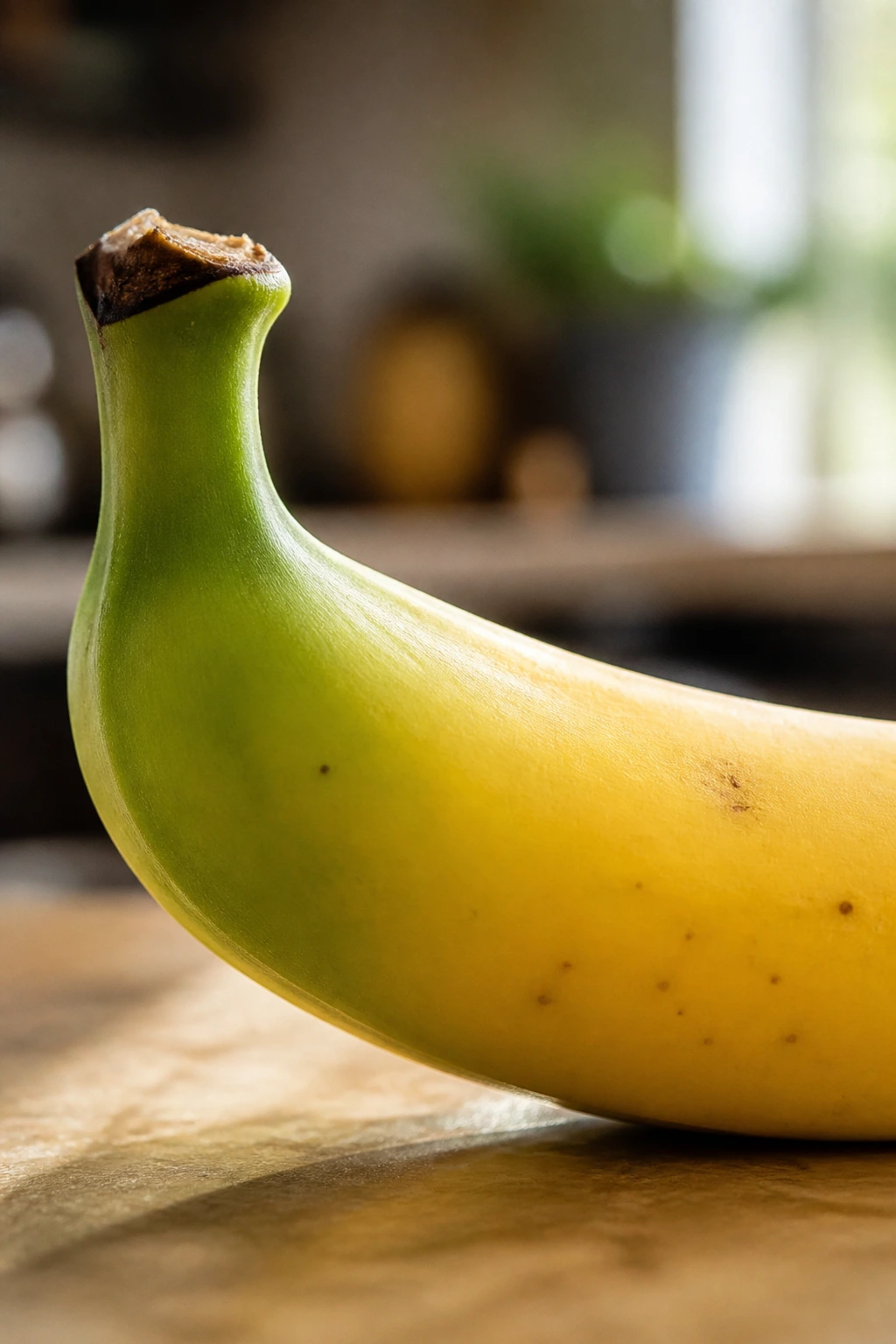 Close-up of a banana showing ripening color from green to yellow