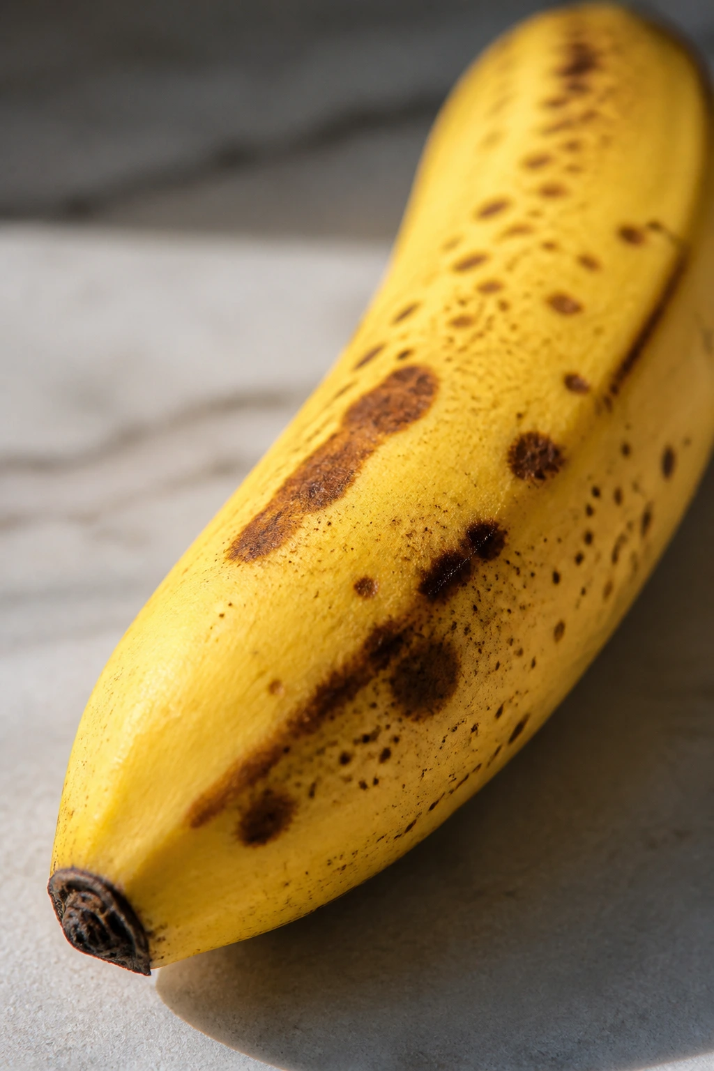 Close-up of a banana with brown spots on its yellow peel