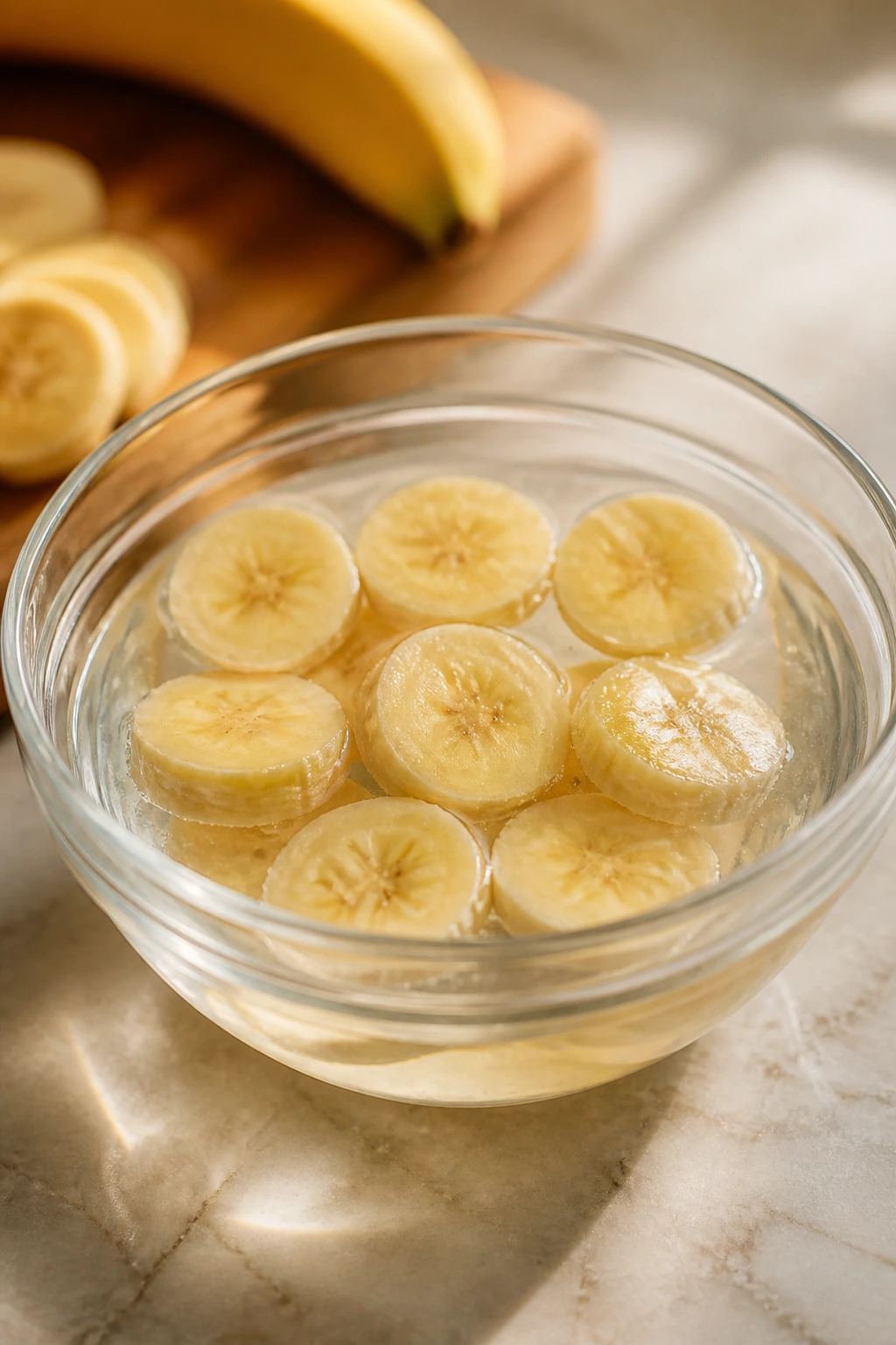 Banana slices soaked in salt water to slow browning