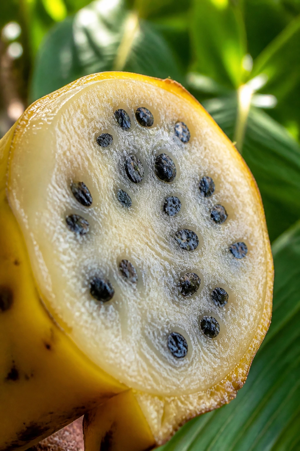 The Anatomy of Banana Seeds: What Do Banana Seeds Look Like? 1 Close-up of dark banana seeds inside a wild banana cross-section