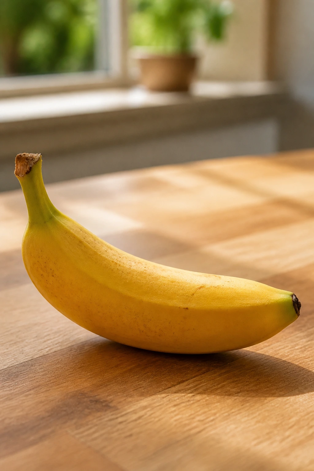 Close-up of a ripe banana on a wooden counter, ready to eat, in natural light