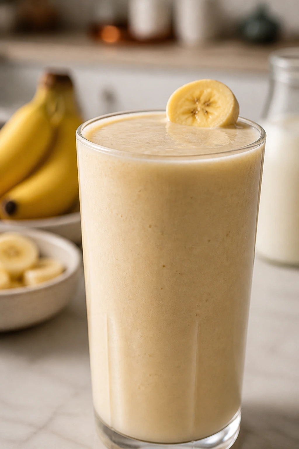 10 Amazing Health Benefits Of Drinking Banana Shake 5 Close-up of banana shake highlighting calcium and vitamin D for strong bones