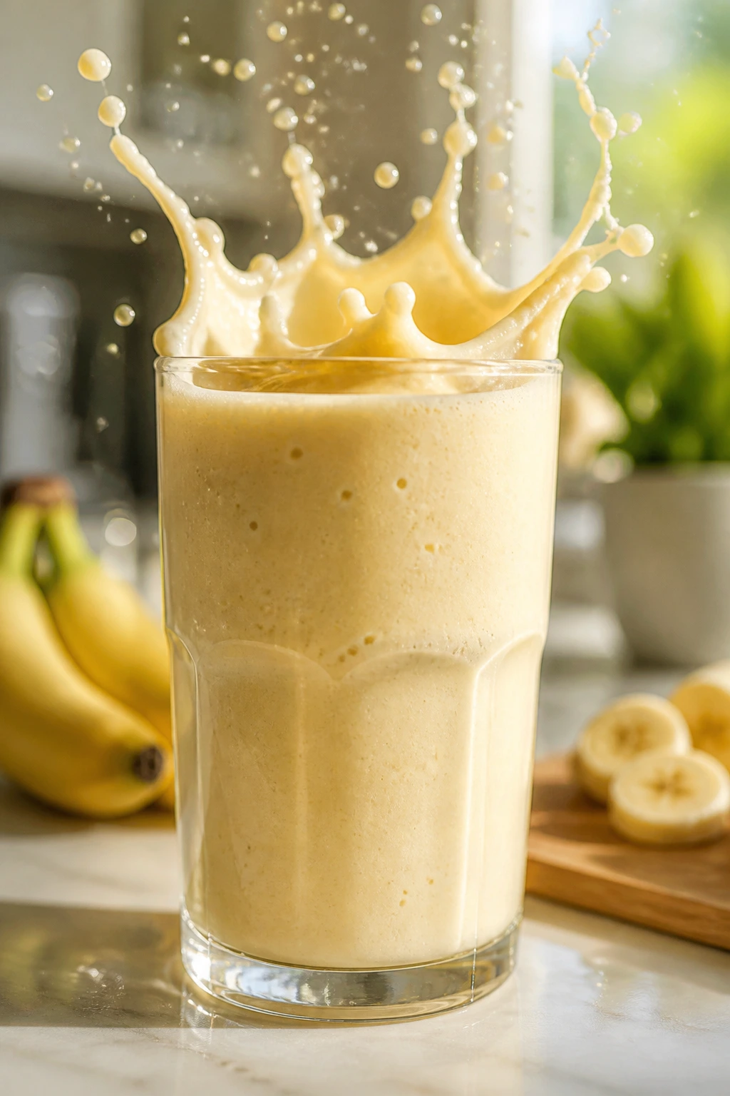 10 Amazing Health Benefits Of Drinking Banana Shake 1 Close-up of a creamy banana shake in a tall glass on a sunlit kitchen counter, energy-boosting nutrients