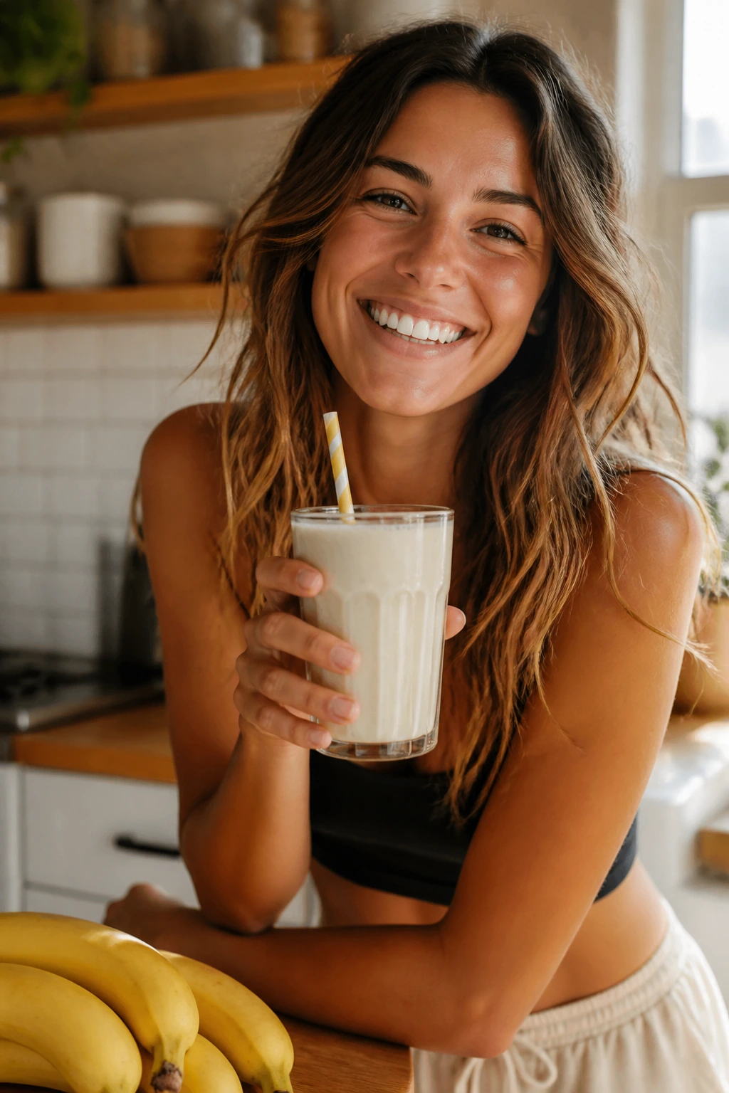 10 Amazing Health Benefits Of Drinking Banana Shake 6 Smiling person enjoying a banana shake in a sunlit kitchen