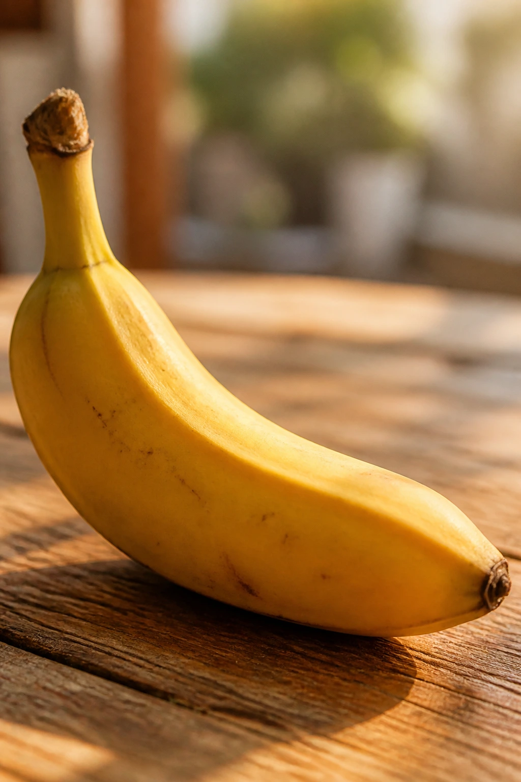 Close-up of a single ripe banana on a wooden surface.